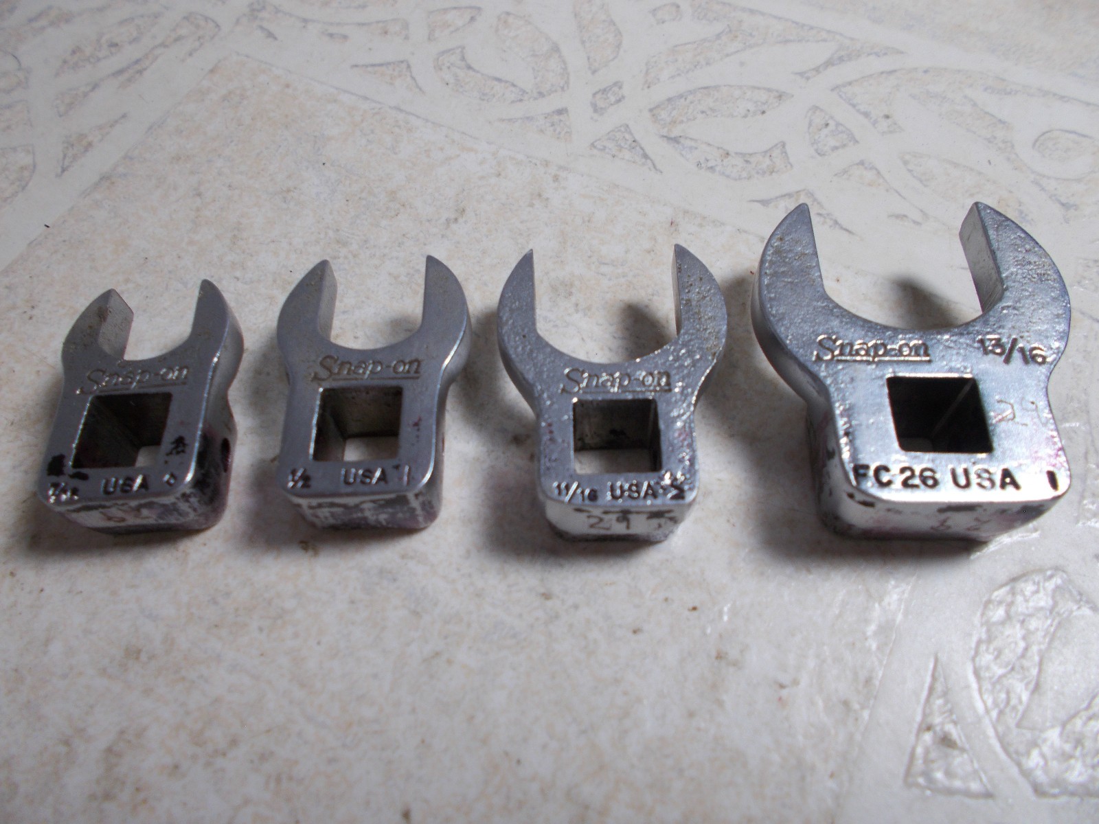 4- Snap-On 3/8″ Drive Open-End Crowfoot Wrenches 13/16″, 11/16″. 1/2″, 7/16″ (F1