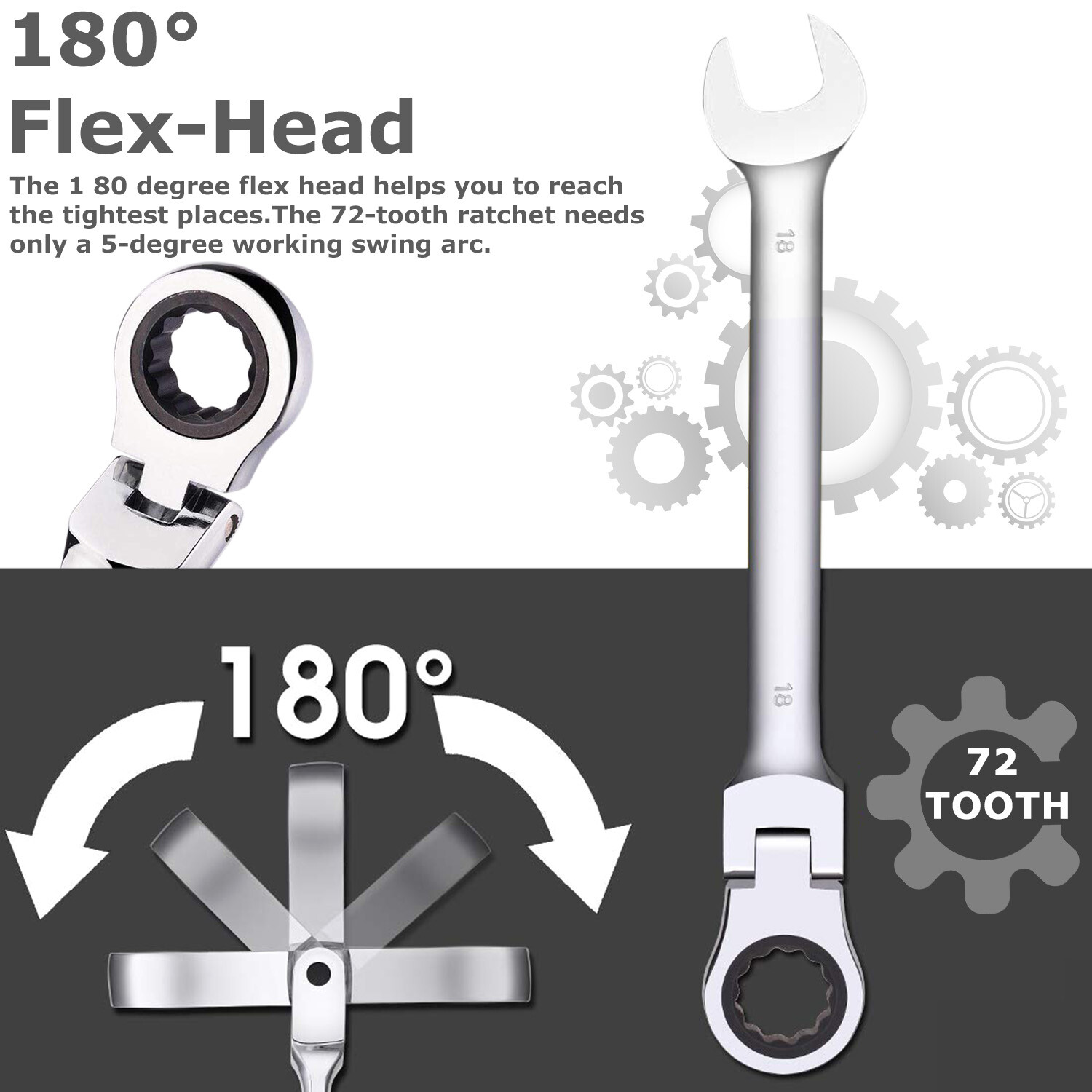 12PCS 8-19mm Metric Flexible Head Ratcheting Wrench Combination Spanner Tool Set