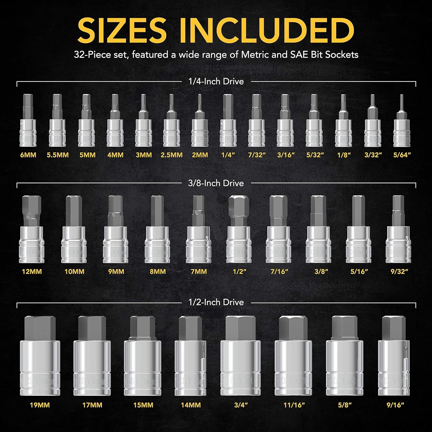 Master 32-Piece SAE & Metric Hex Bit Socket Set, S2 Steel, Chrome Plated