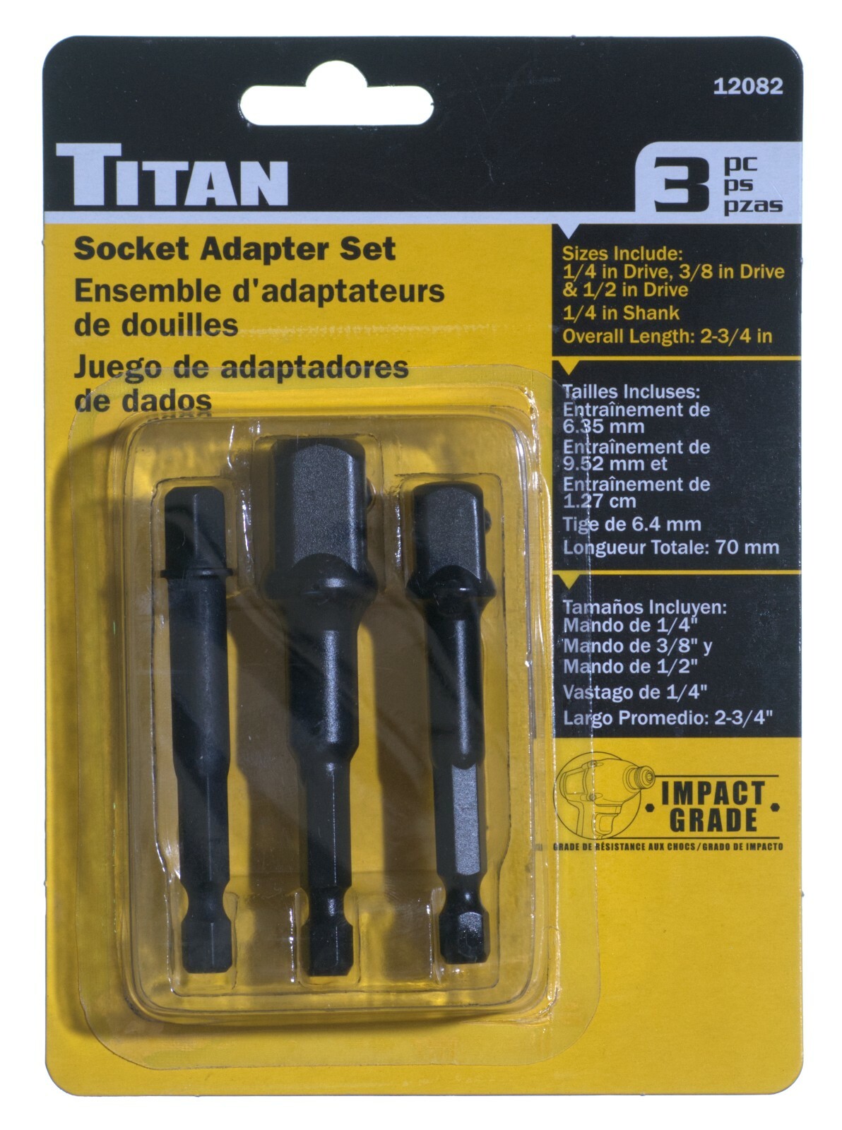 Titan 12082 – 3 Piece 2-3/4″ Impact Socket Adapter Set – 1/4in. 3/8in. 1/2 inch
