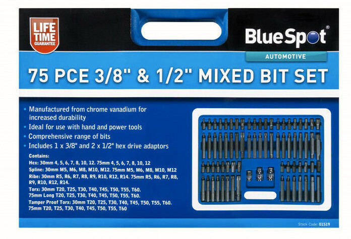 (01519) BlueSpot 75pce 3/8″ & 1/2″ Mixed Bit Set (Lifetime Guarantee)
