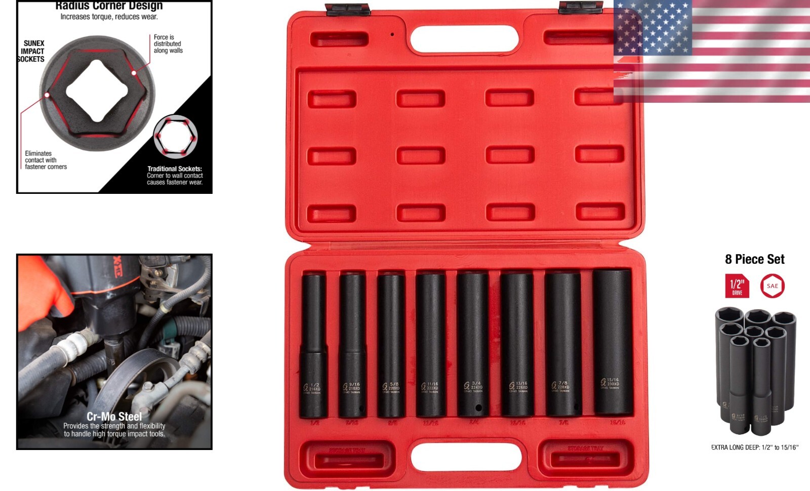 8-Piece SAE Impact Socket Set – Extra Long Deep CR-Mo Steel, Heavy-Duty Case