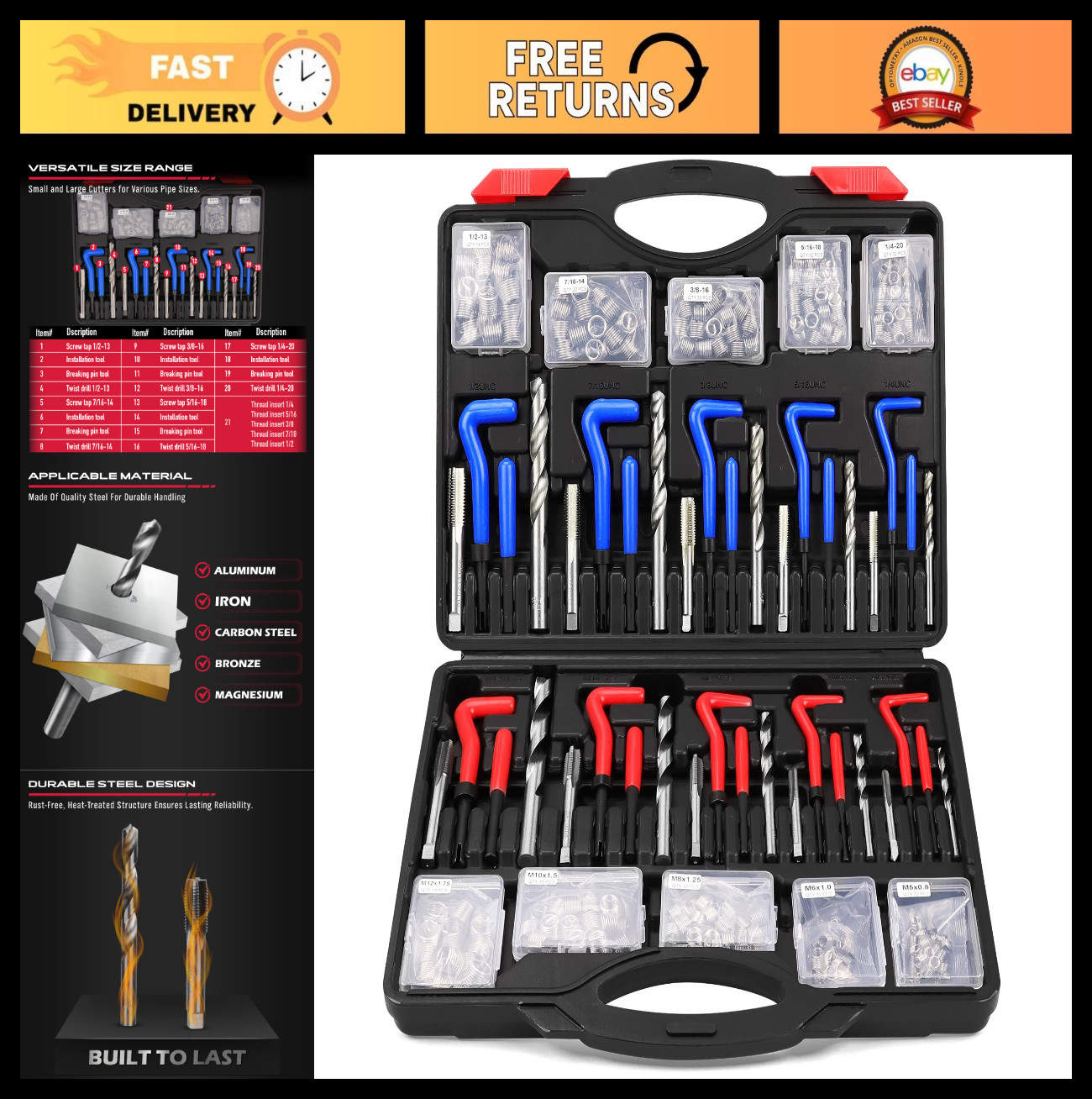 320-Piece Thread Repair Tool Kit – Metric & SAE Heli Coil Inserts, Drill Bits, S