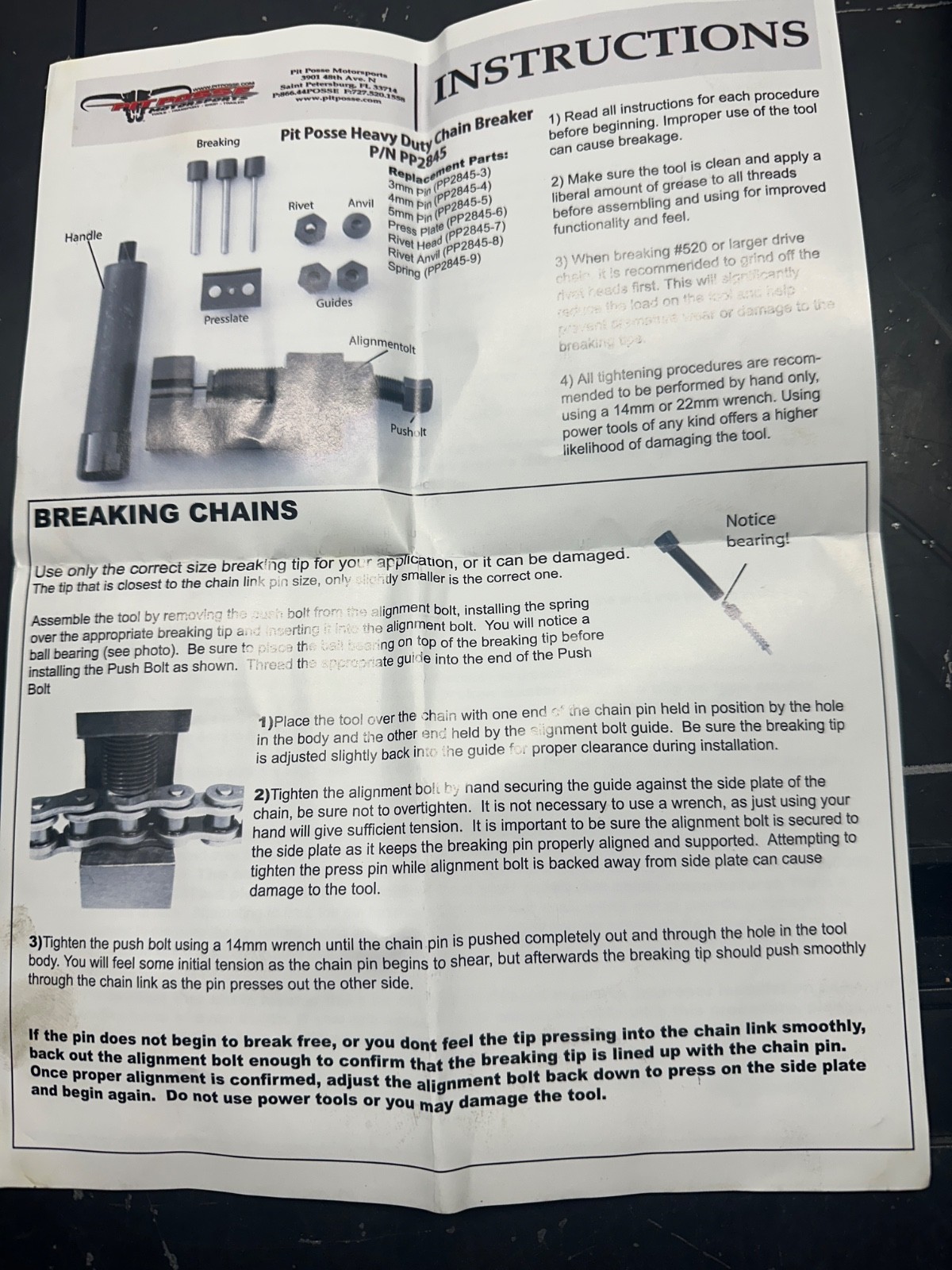 Pit Posse Heavy Duty Chain Breaker PP2845 w/Motion Pro Alignment Tool 57-8048