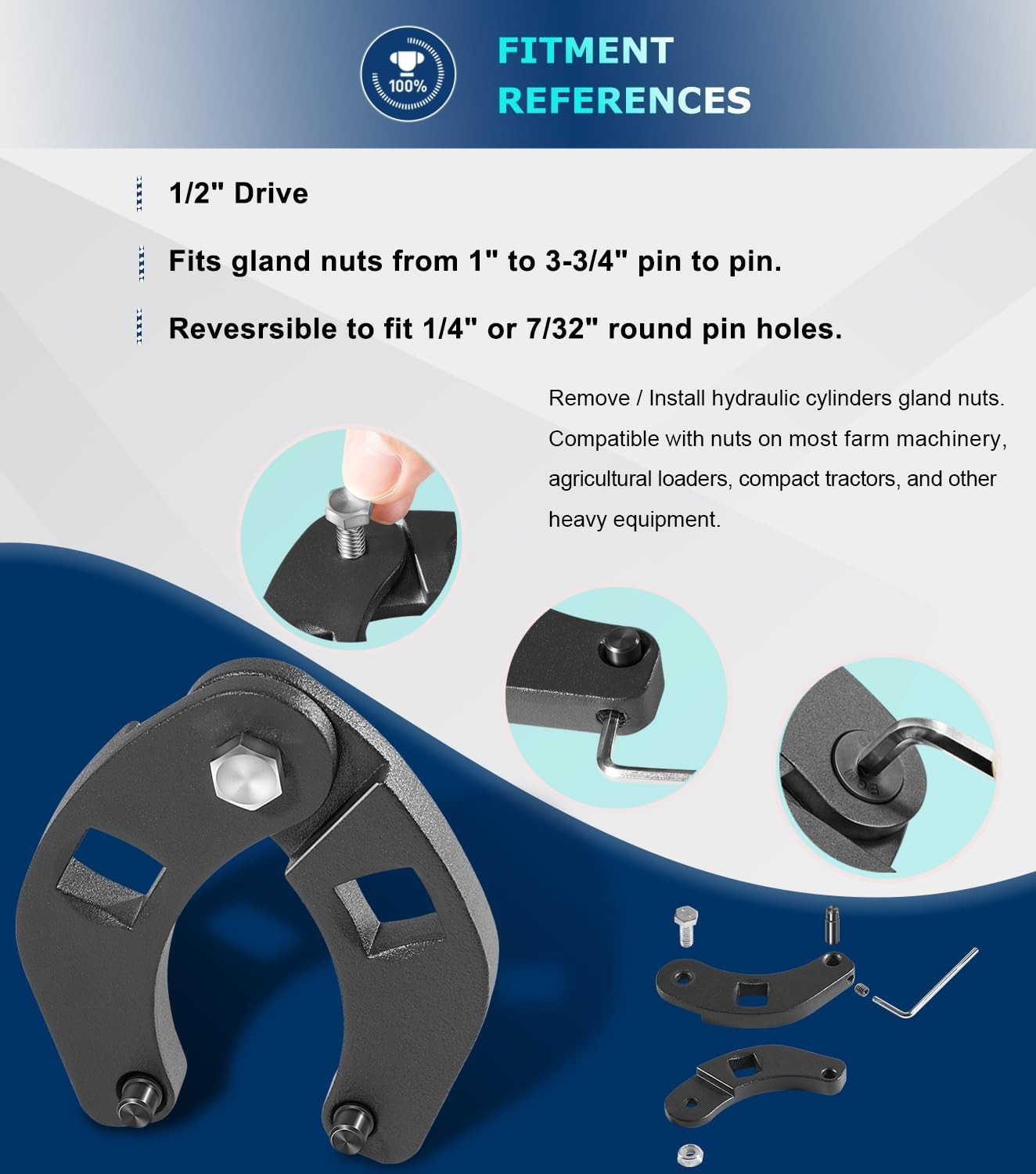 Adjustable Gland Nut Wrench for Hydraulic Cylinder Cap Remover 1″ to 3-3/4″ SAE