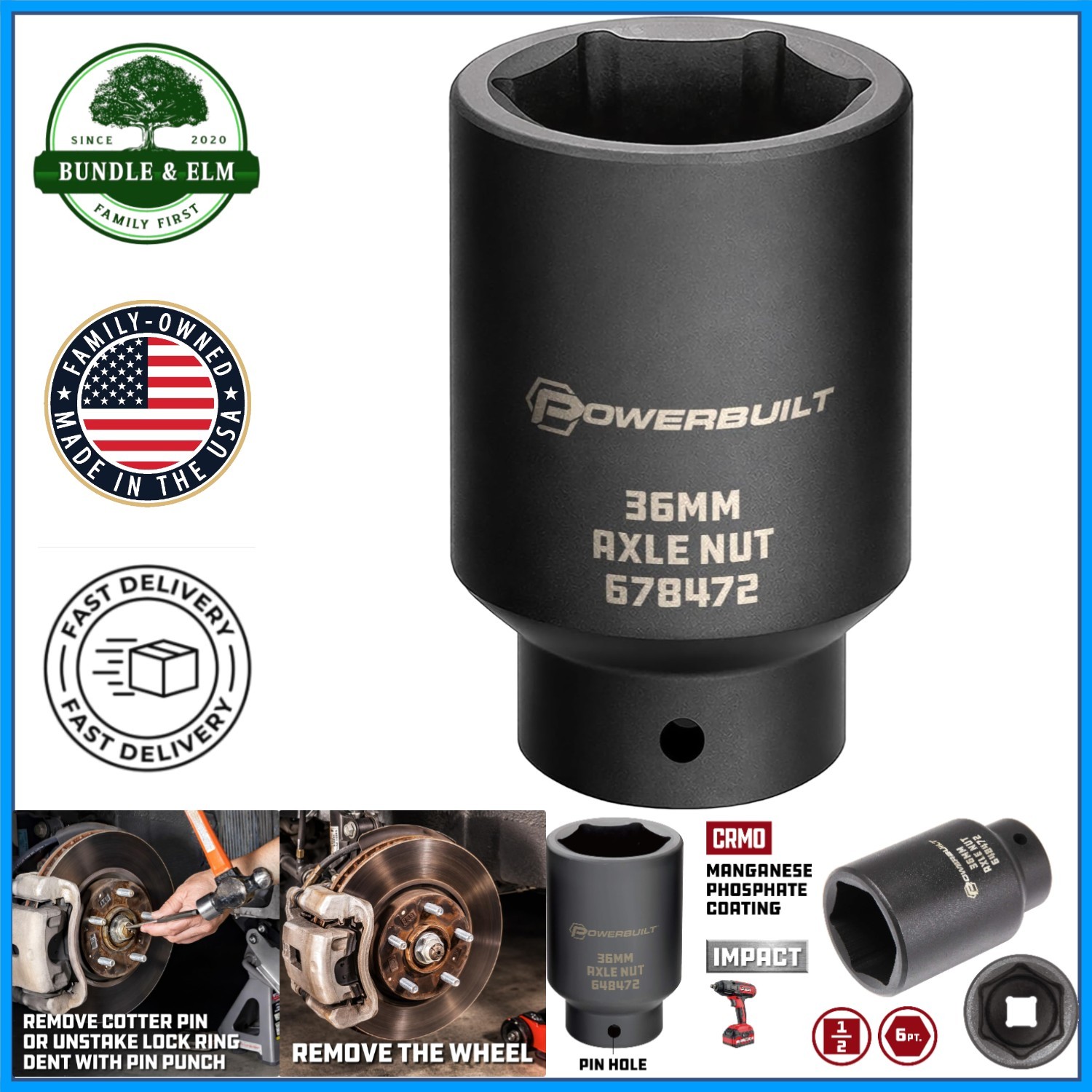 36mm 6-Point Drive Socket for Axle Nut Removal Compatible with Impact Tools