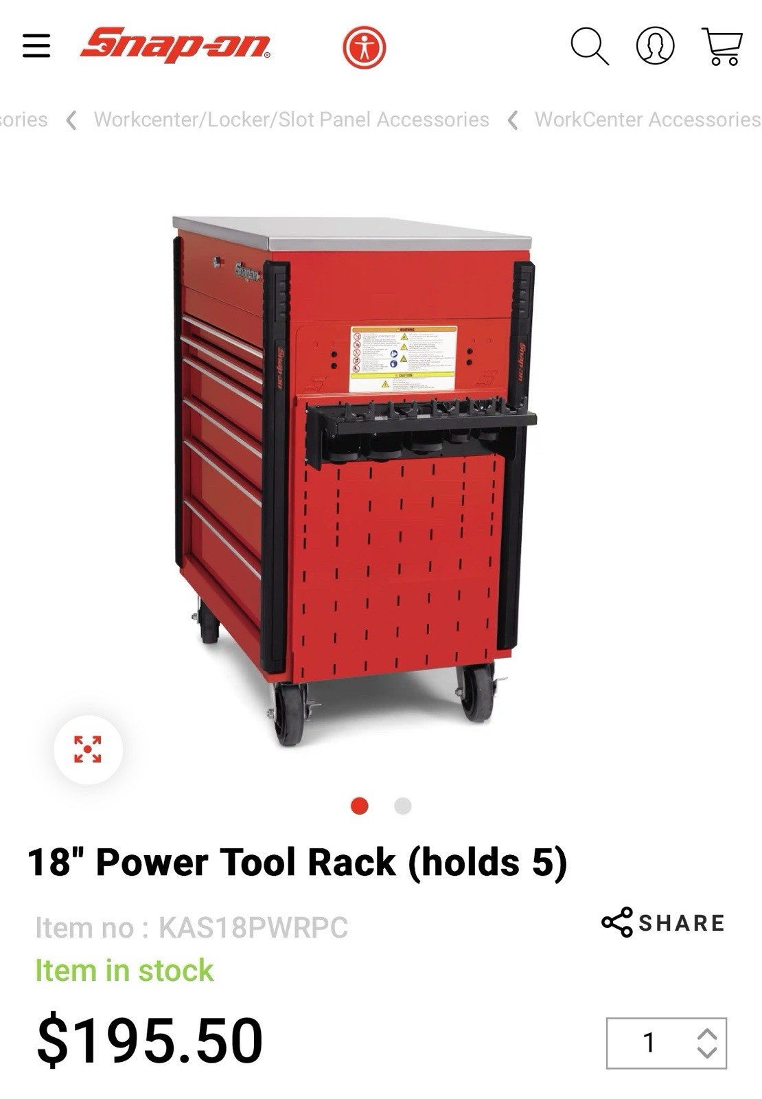 Snapon – 18” Power Tool Rack – “KAS18PWRPC”