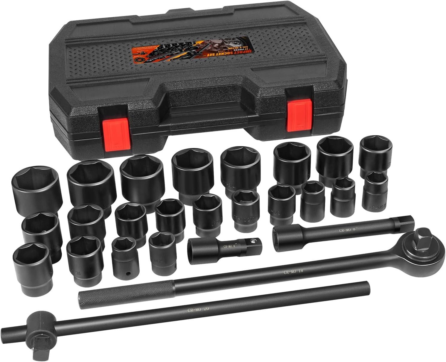 3/4″ Drive Deep Impact Socket Set 27Pcs SAE 7/8″-2″ Metric 22-50 MM Standard Kit