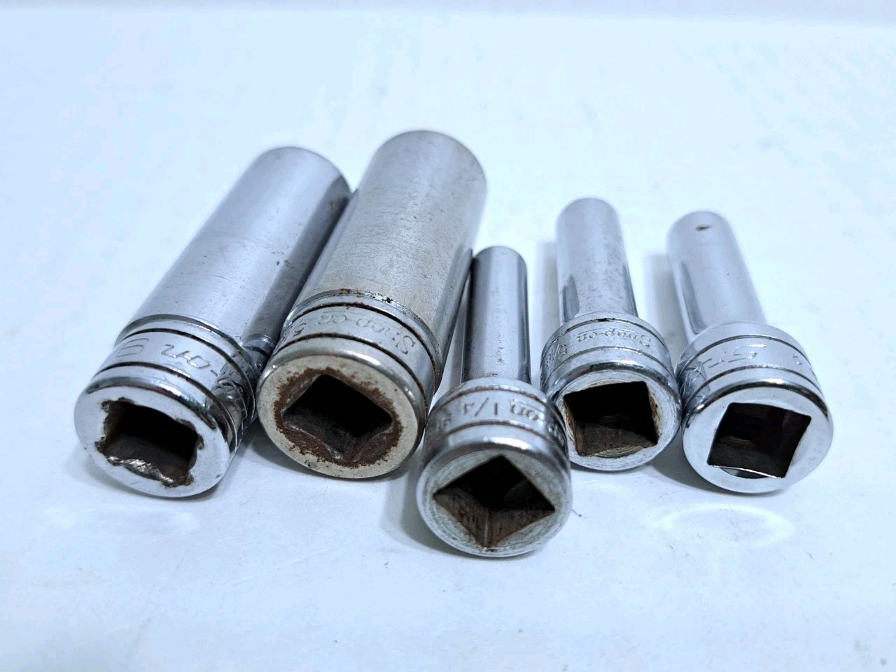 Lot of 5 Snap-on Tools USA Deep Socket 3/8″ Drive 6 Point SFS101 SFS081 SFS201
