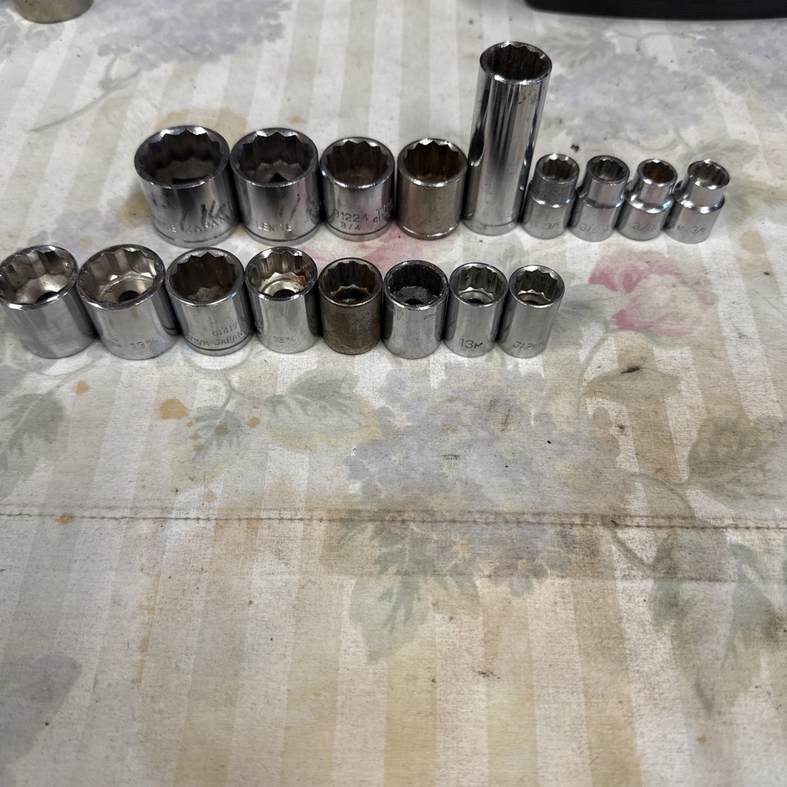 Vintage Japan 3/8” Drive, 12 Point Sockets, Sae, And Metric, 17 Total Pieces.