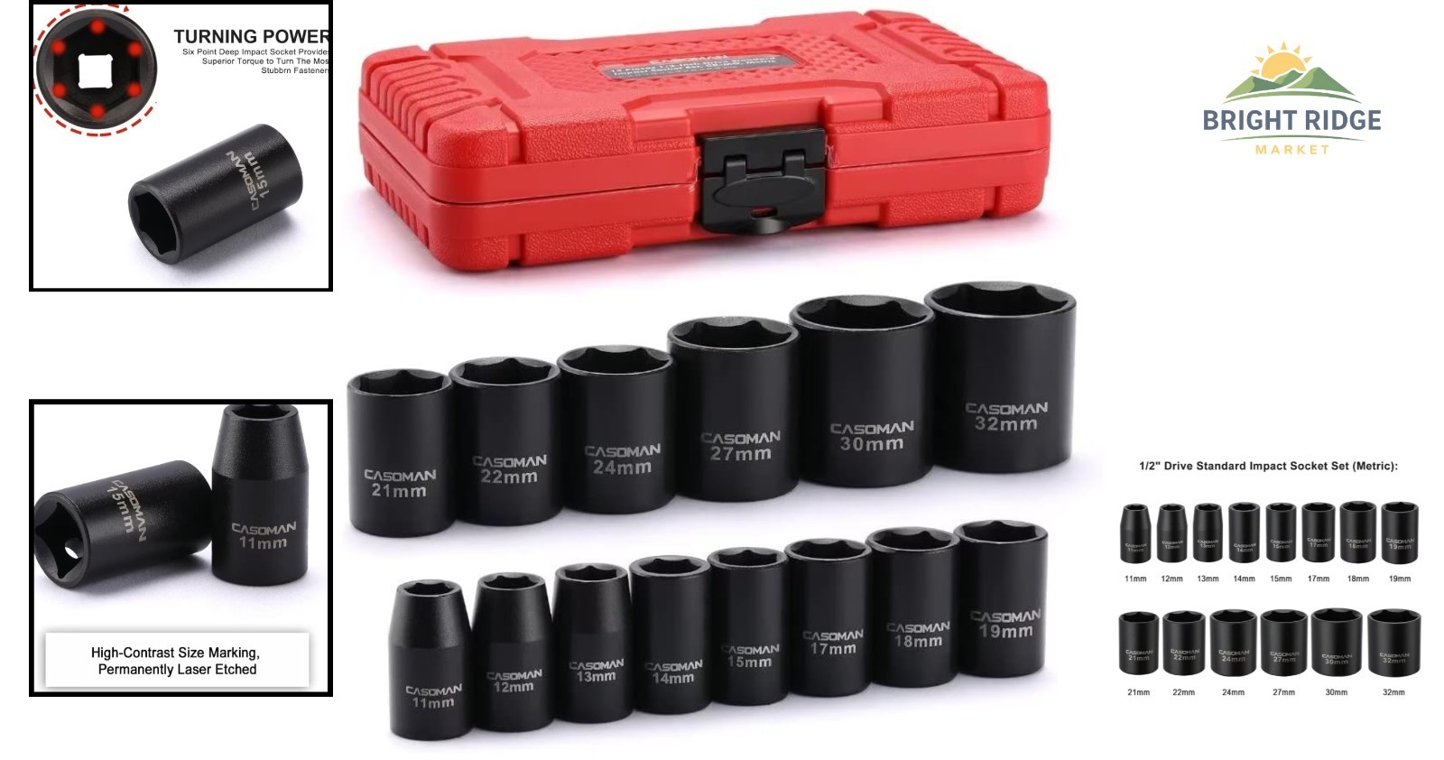 Shallow Impact Socket Set, 14 Pieces, Black Phosphate Finish, 1/2-Inch Drive