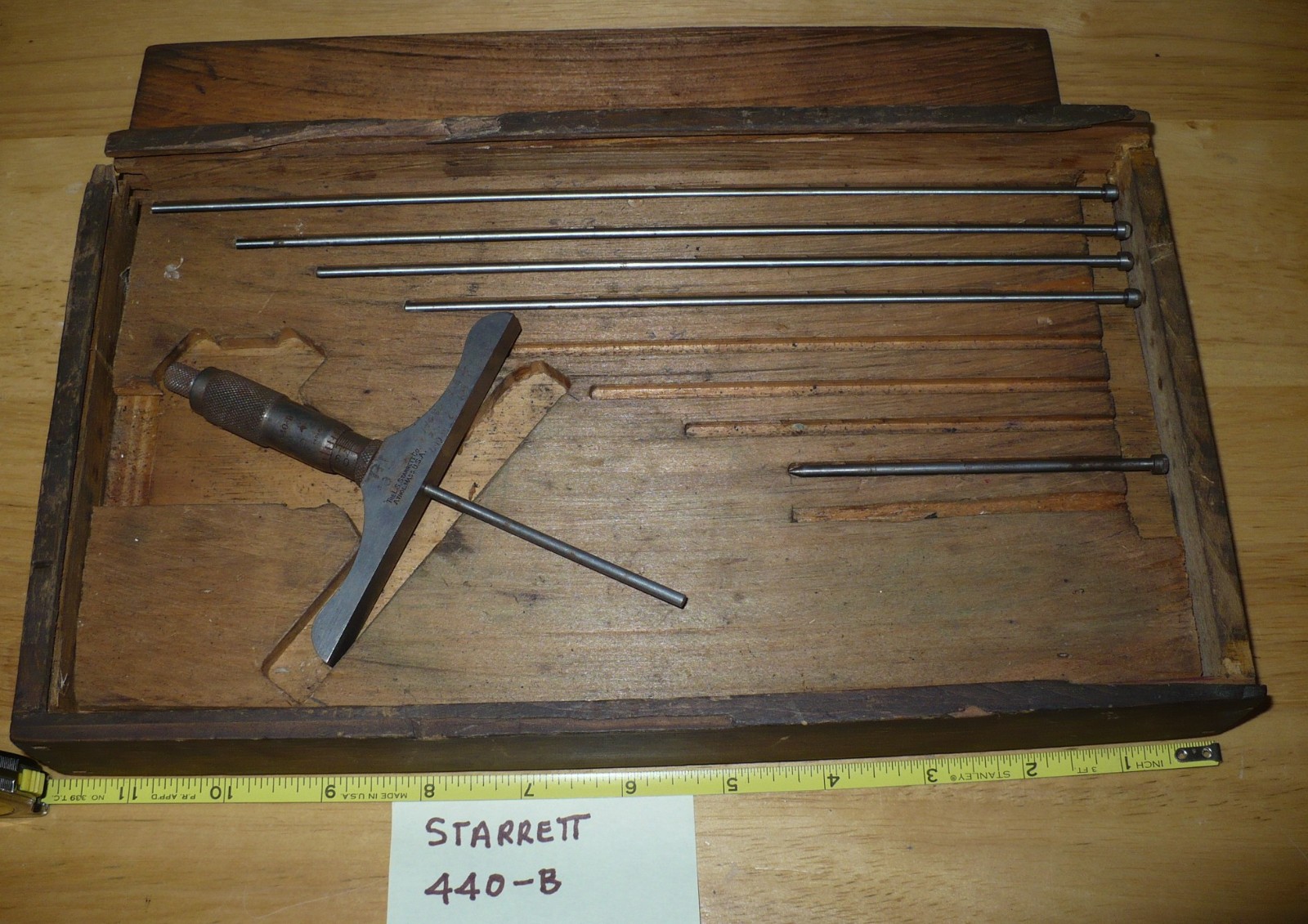 Vintage Starrett 440-B Depth Micrometer and Rods, Wooden Box