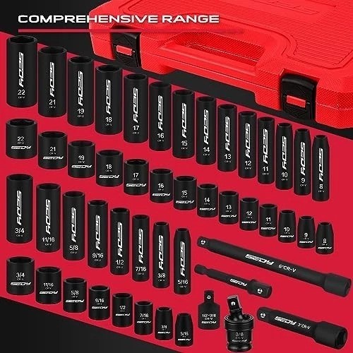 3/8 Inch Drive Impact Socket Set 49 Piece SAE Metric Deep Shallow Extension