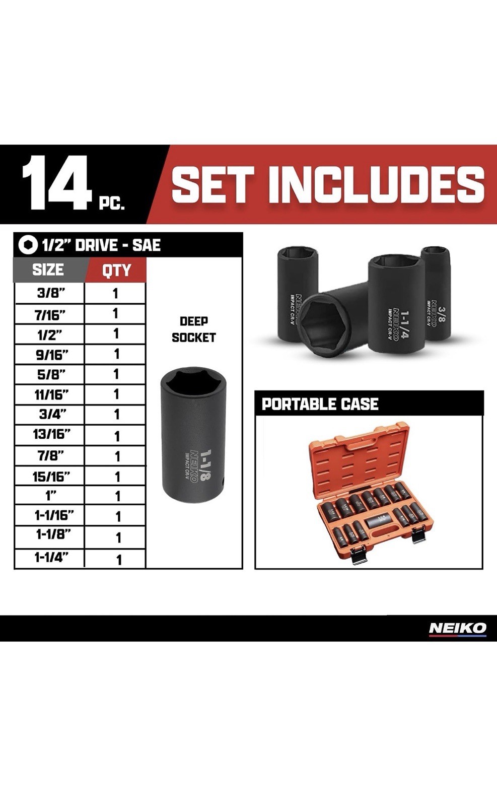 Neiko 02476A 14pc 1/2” Drive SAE Deep Impact Socket Set 6-Point Cr-V Steel