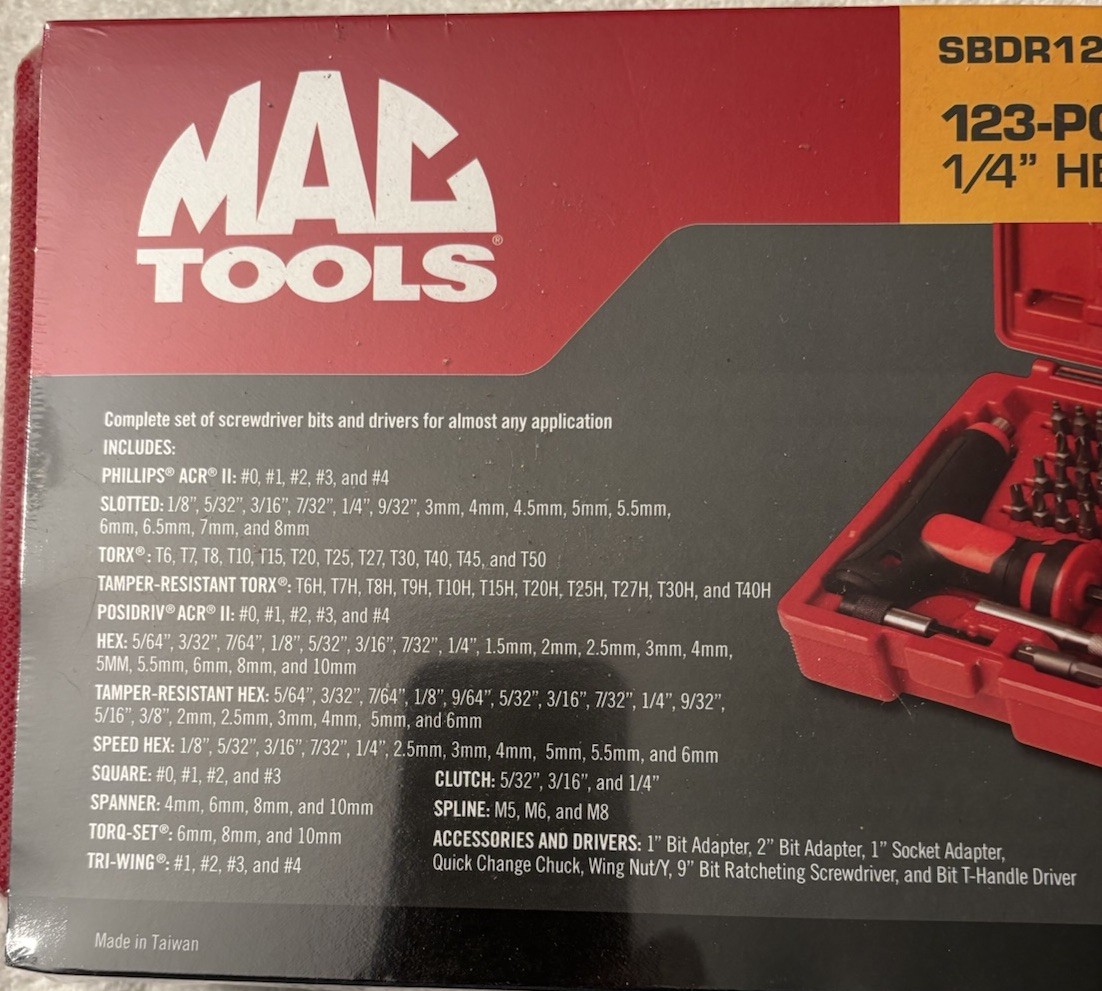 Mac Tools 123 Pc. 1/4” Mac Grip Ratcheting Hex Bit Screwdriver Set w/Case