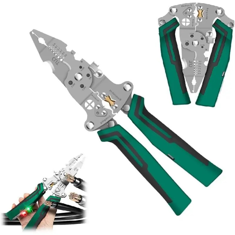 16-in-1 Rechargeable Wire Stripper Pliers Voltage Tester 12-250V Green