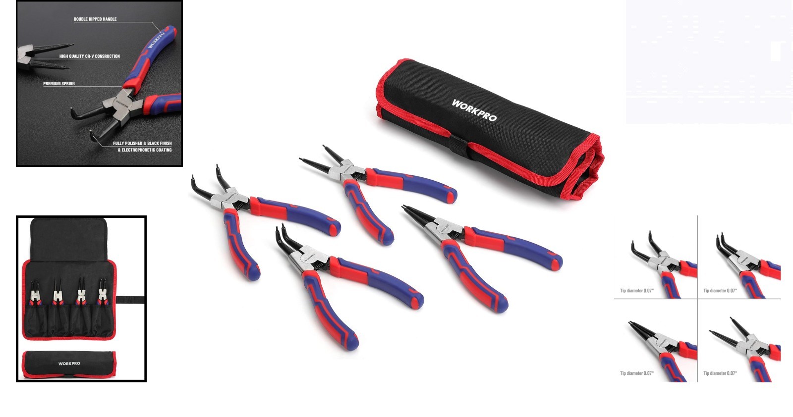 Professional Snap Ring Pliers Set – 7-Inch Heavy-Duty with Roll-Up Storage Pouch