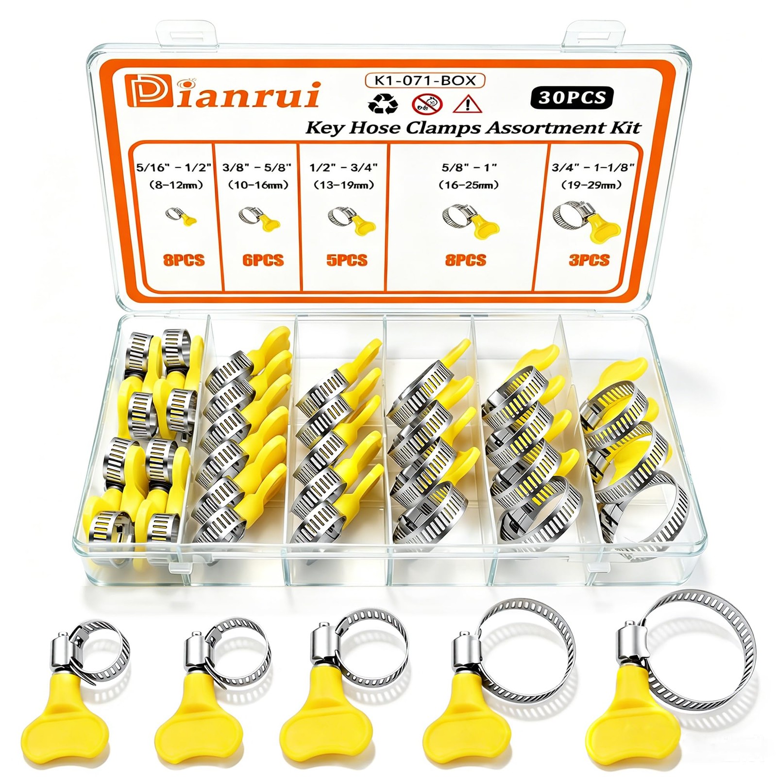 Dianrui 30 PCS Thumb Screw Hose Clamps Assortment 30PCS(5/16″-1-1/8″), Yellow