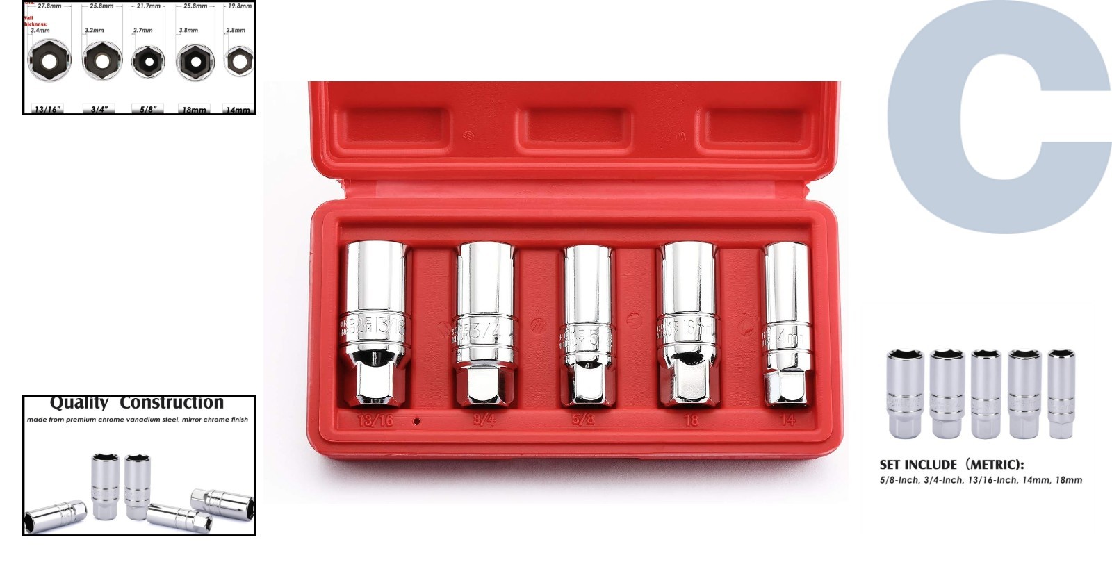 Complete 3/8-Inch Drive 5-Piece Spark Plug Socket Set with Anti-Round Technology