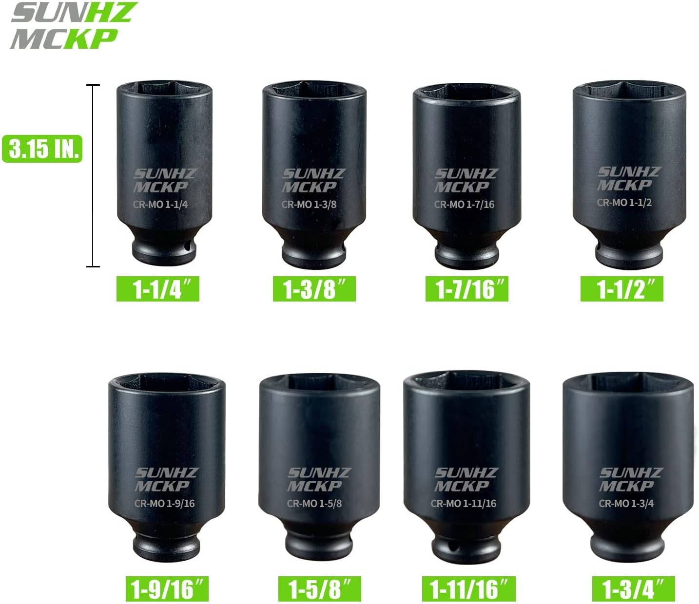 1/2″ Drive Deep 6-Point Impact Socket Set, 8-Piece, 1-1/4″ to 1-3/4″ Size