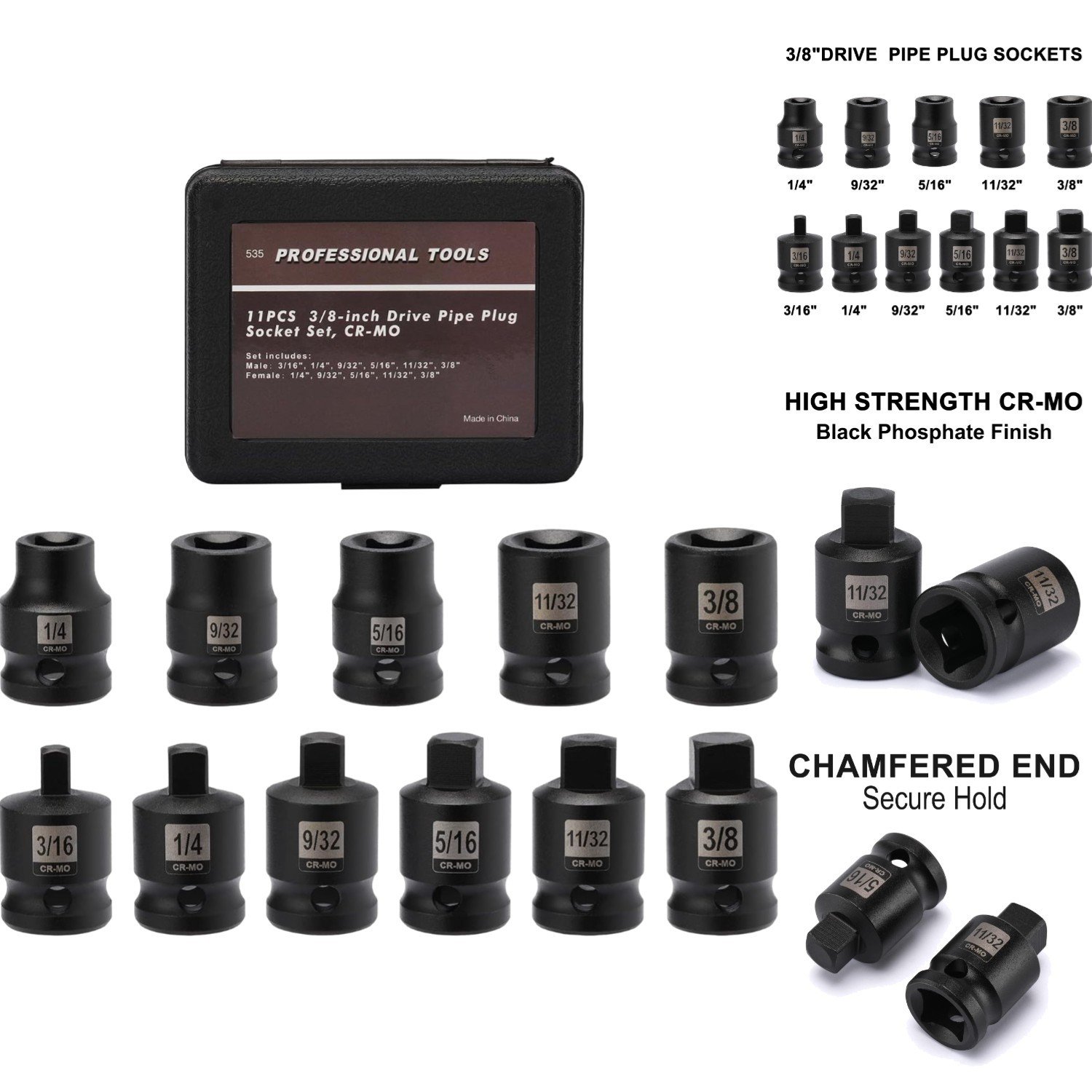 3/8″ Drive 11Pc SAE Pipe Plug Impact Socket Set Tapered Male Female Square Drive