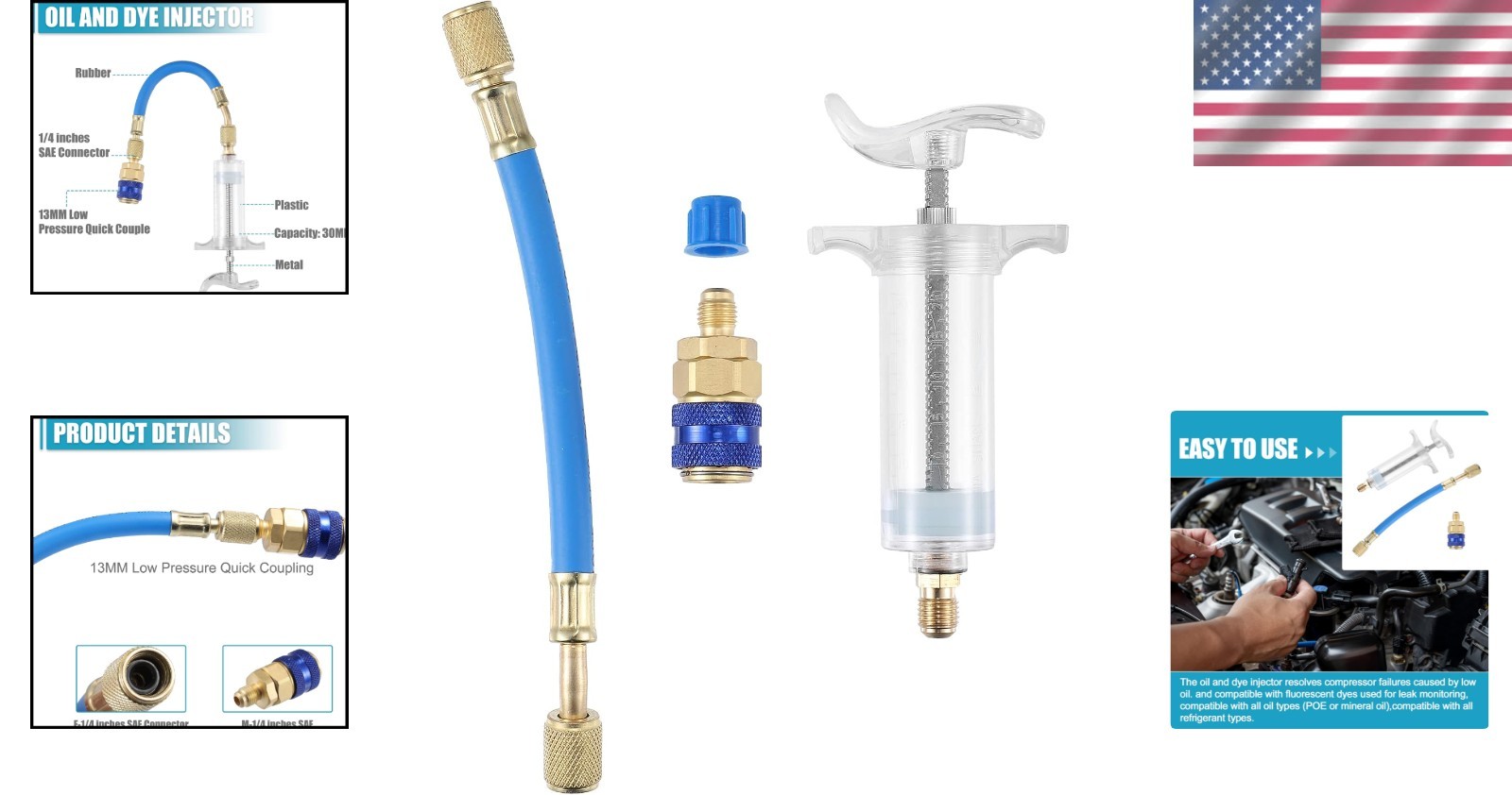 AC Oil & Dye Injector Tool 30ml with 1/4 SAE Connector for Fast Leak Detection