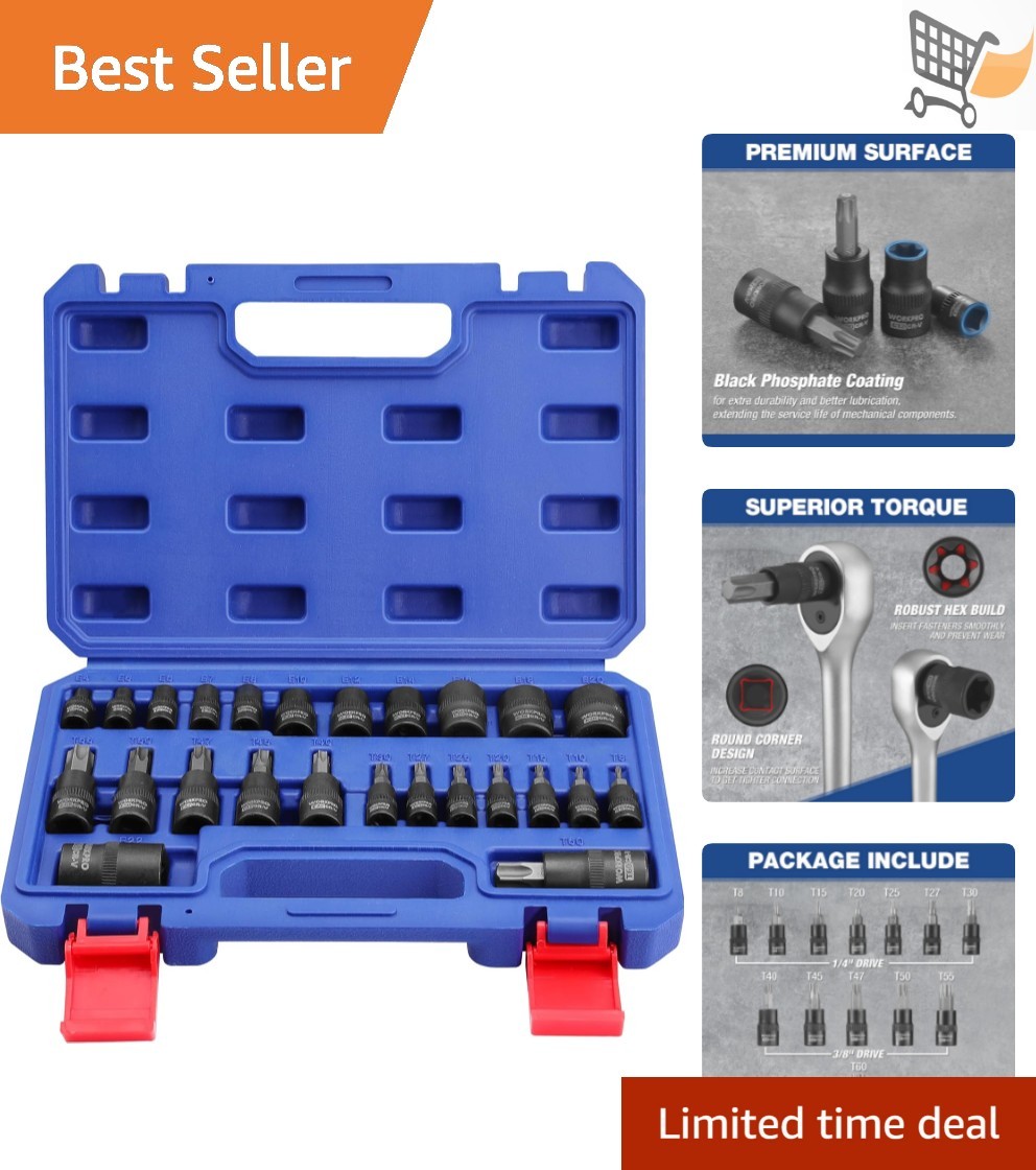 25-Piece Torx Socket Set Alloy Steel 1/4 3/8 1/2 Drive E4-E22 T8-T60 Tools