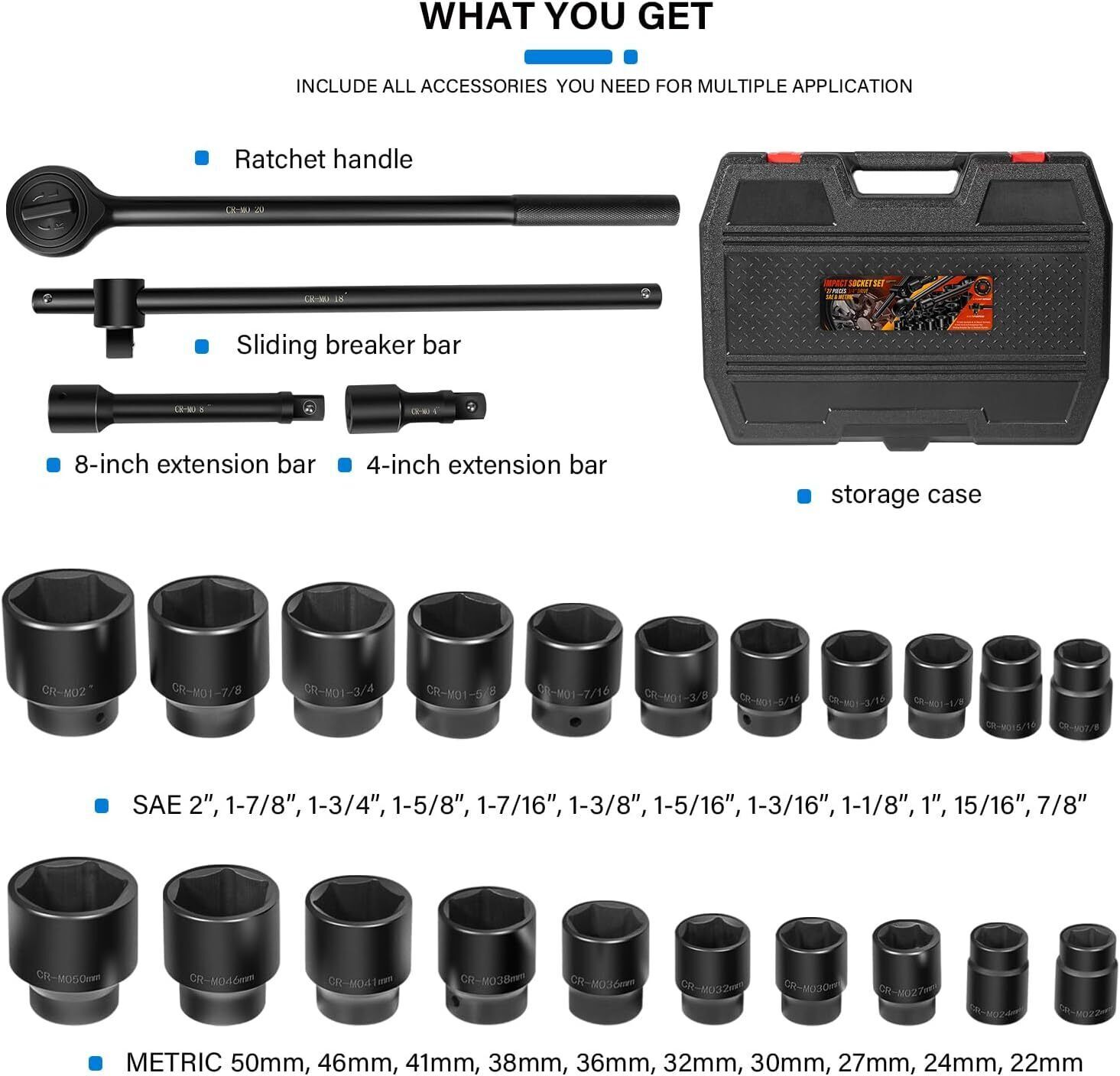 02499A 3/4″ Drive Impact Socket Tool 27pcs SAE 7/8″ to 2″ and Metric 22 to 50 mm