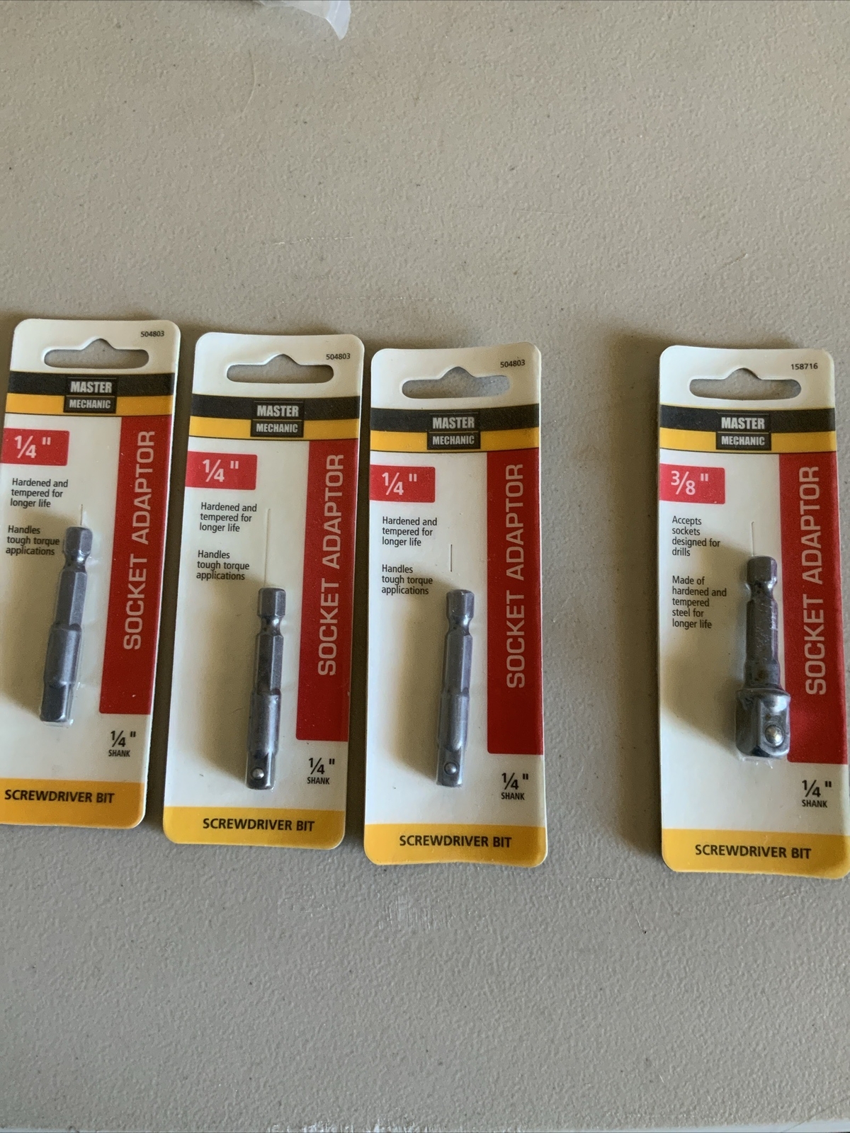 4 – MASTER MECHANIC 1Ea 3/8″ & 3Ea 1/4¨ SOCKET ADAPTERS, 1/4¨ DRIVE 4 PACKS