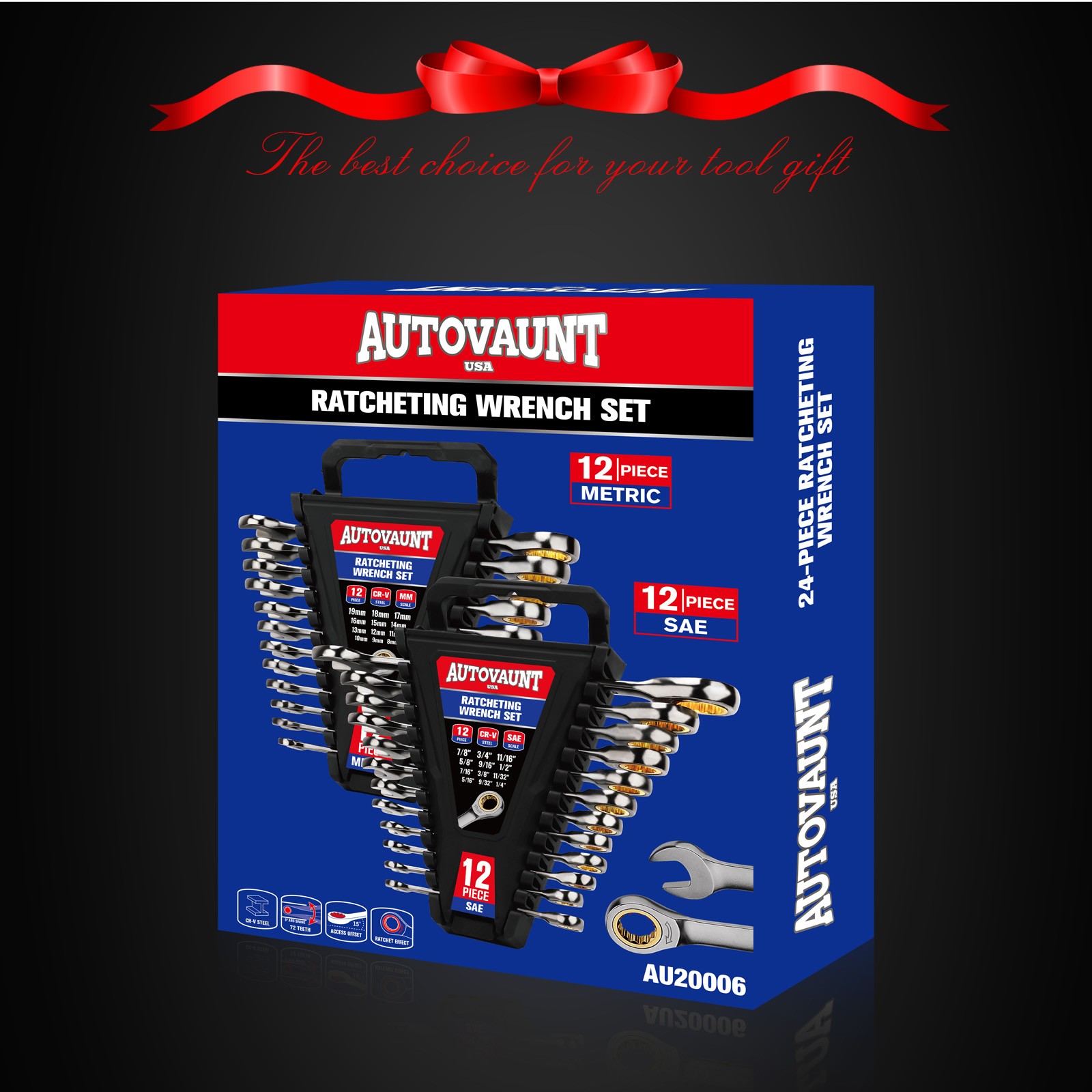 24-PCS Ratcheting Wrench Set with Organizer 8-19 mm & 1/4″ to 7/8″ 72-Teeth CR-V
