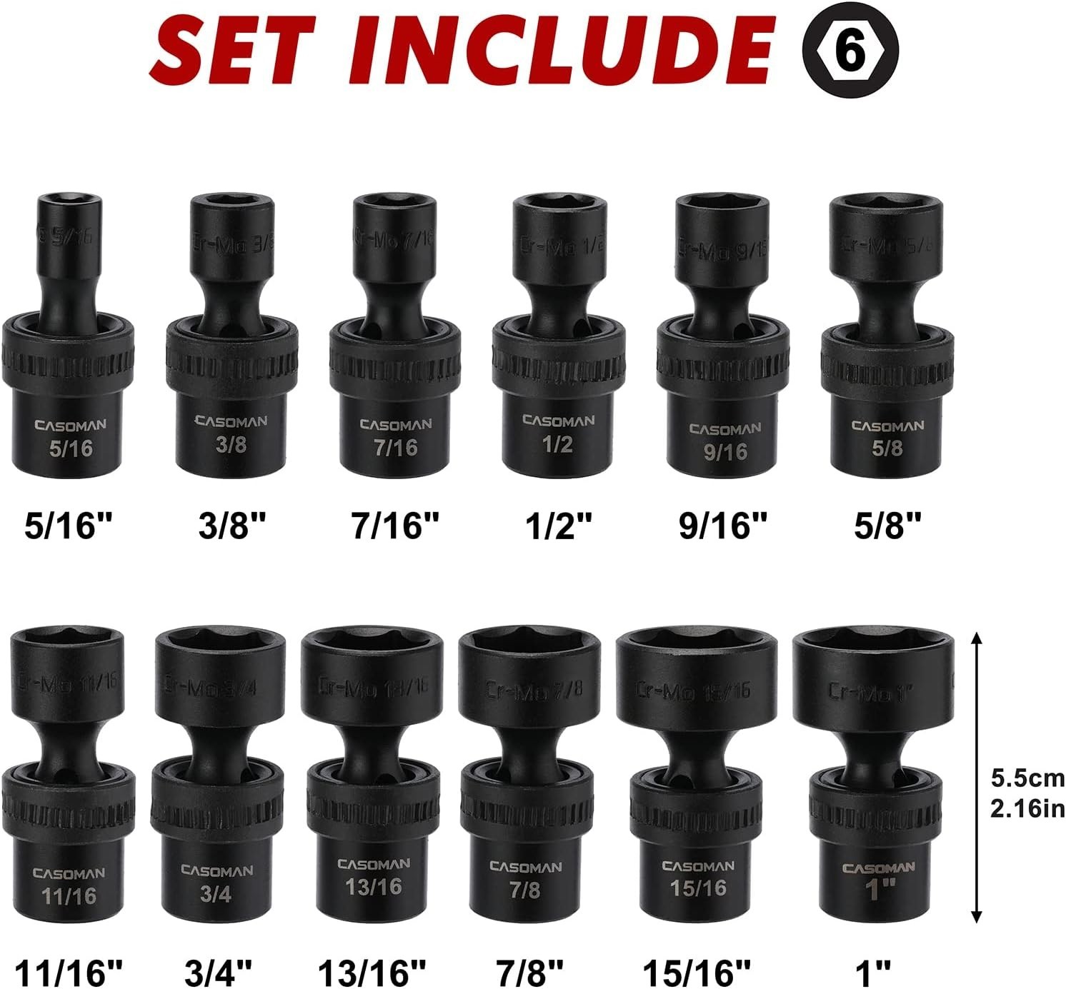 12 Pieces 3/8-Inch Drive Shallow Universal Impact Socket Set, SAE, 5/16″-1″, …