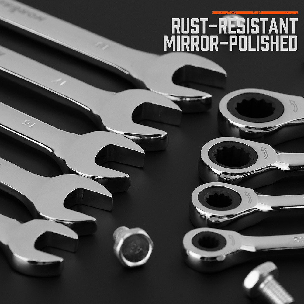 20pc Flat Ratcheting Wrench Combination Spanner Tool Set SAE & Metric With Case