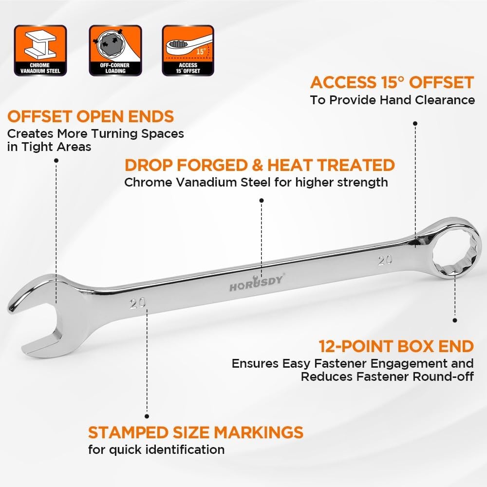 15PC Combination Spanner Wrench Ring Open Ended 8-22mm Metric 12 Point «V» Notch