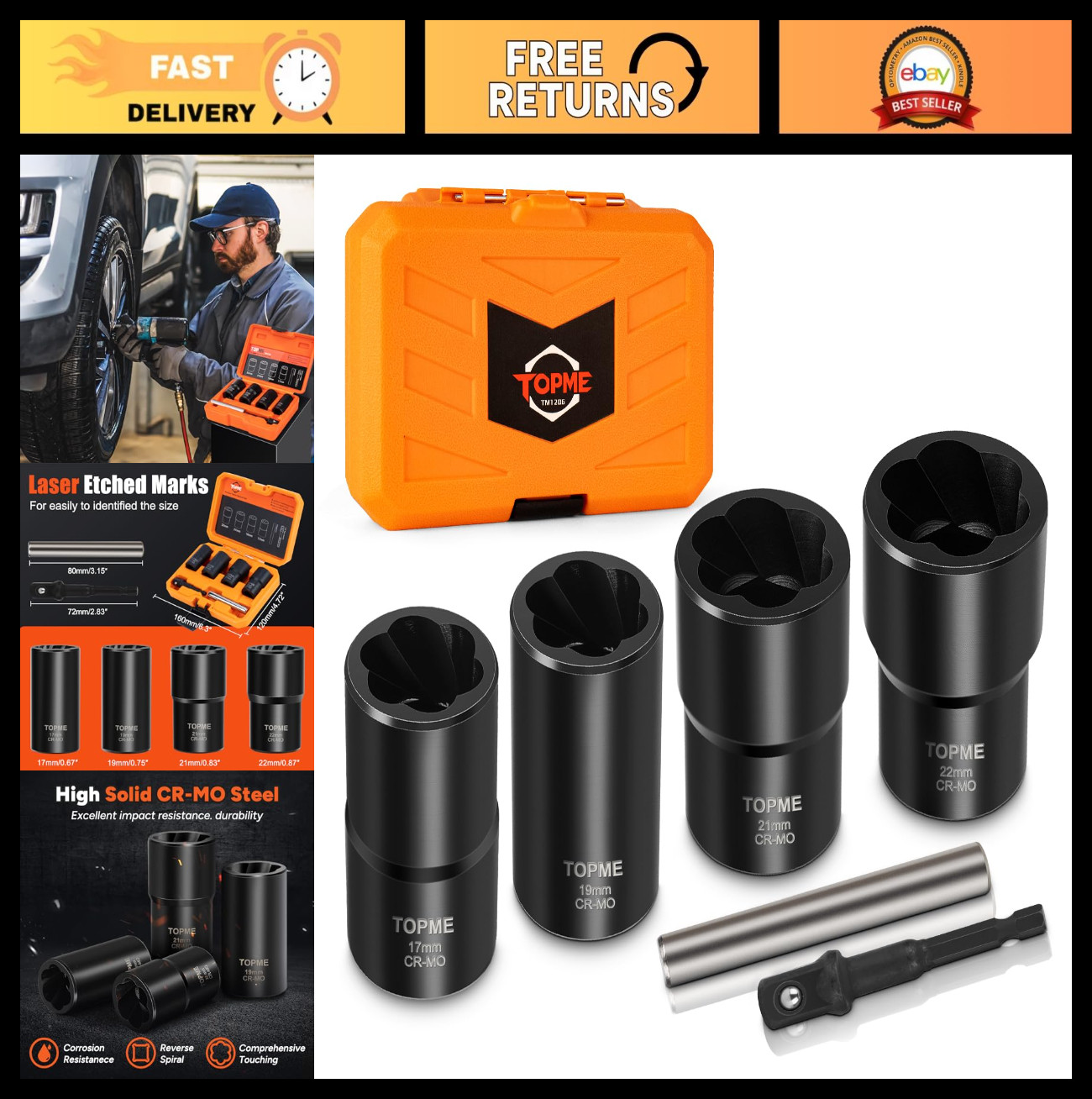 6-Piece Lug Nut Removal Tool Set, 1/2″ Drive Extractor for Damaged & Rusted Bolt