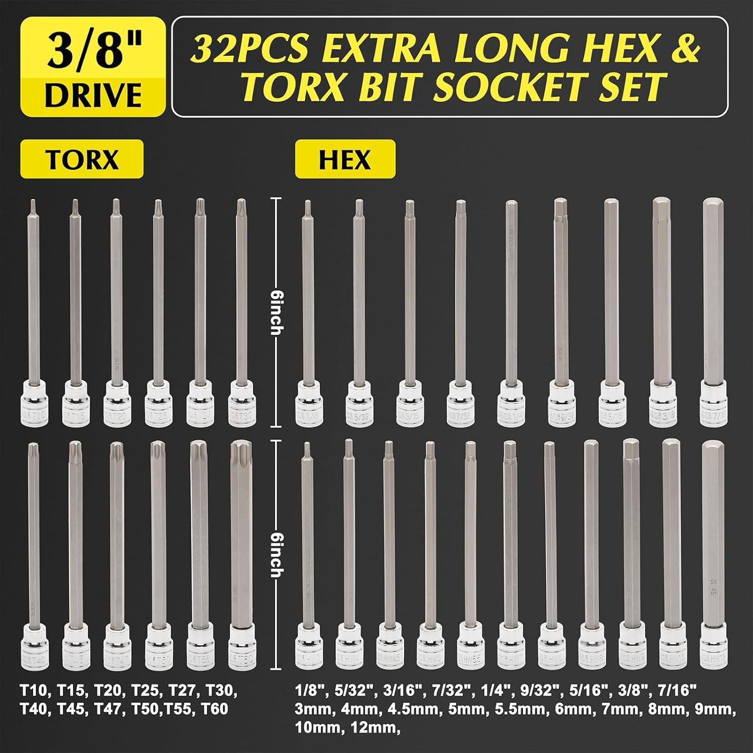 32PCS 3/8″Dr. Extra Long Hex and Torx Bit Socket 1/8″- 7/16″ 3mm – 12mm, T10-T60