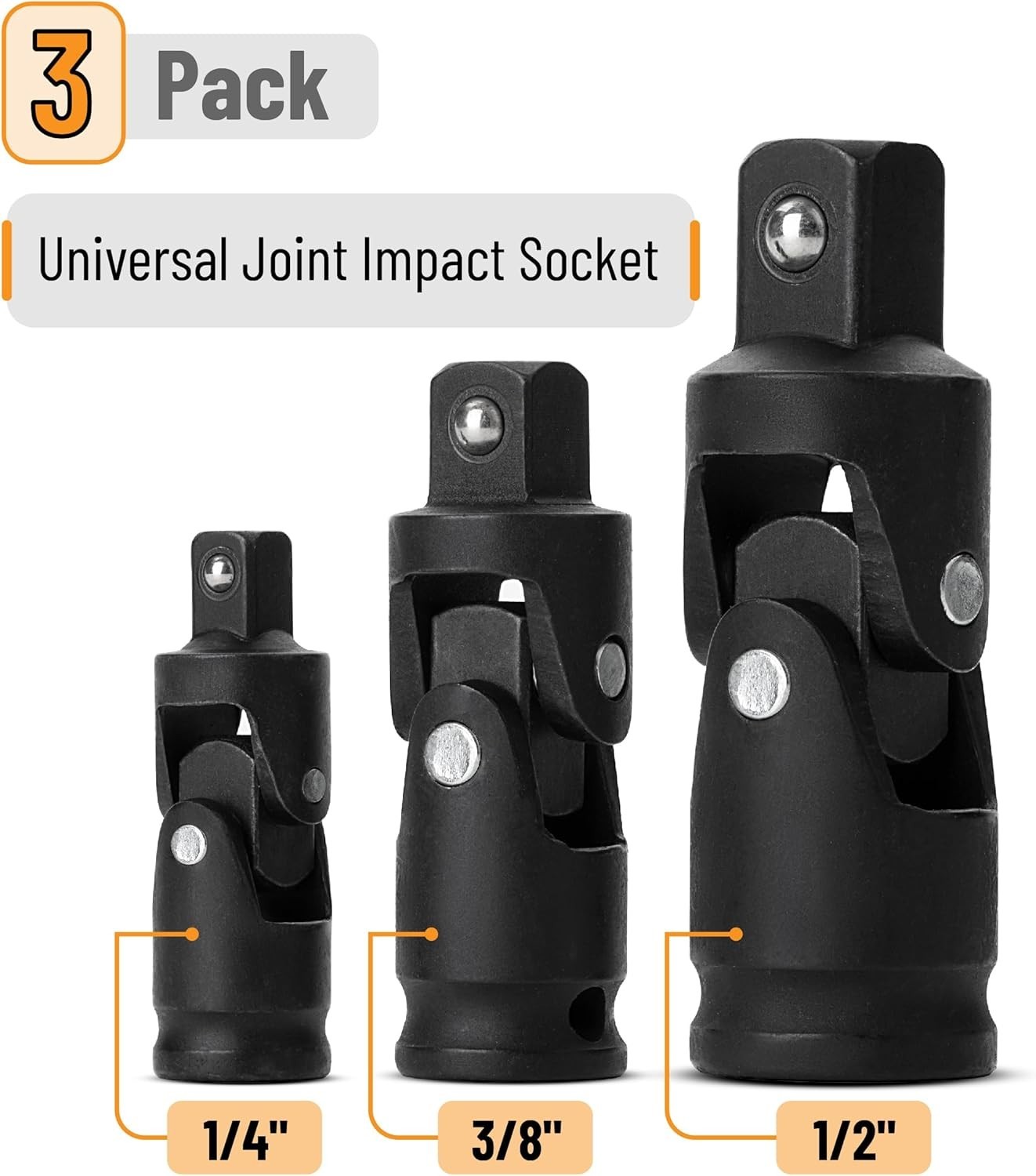 Bates 3-Piece Universal Joint Impact Socket Set, 1/4″, 3/8″, 1/2″ for Durability