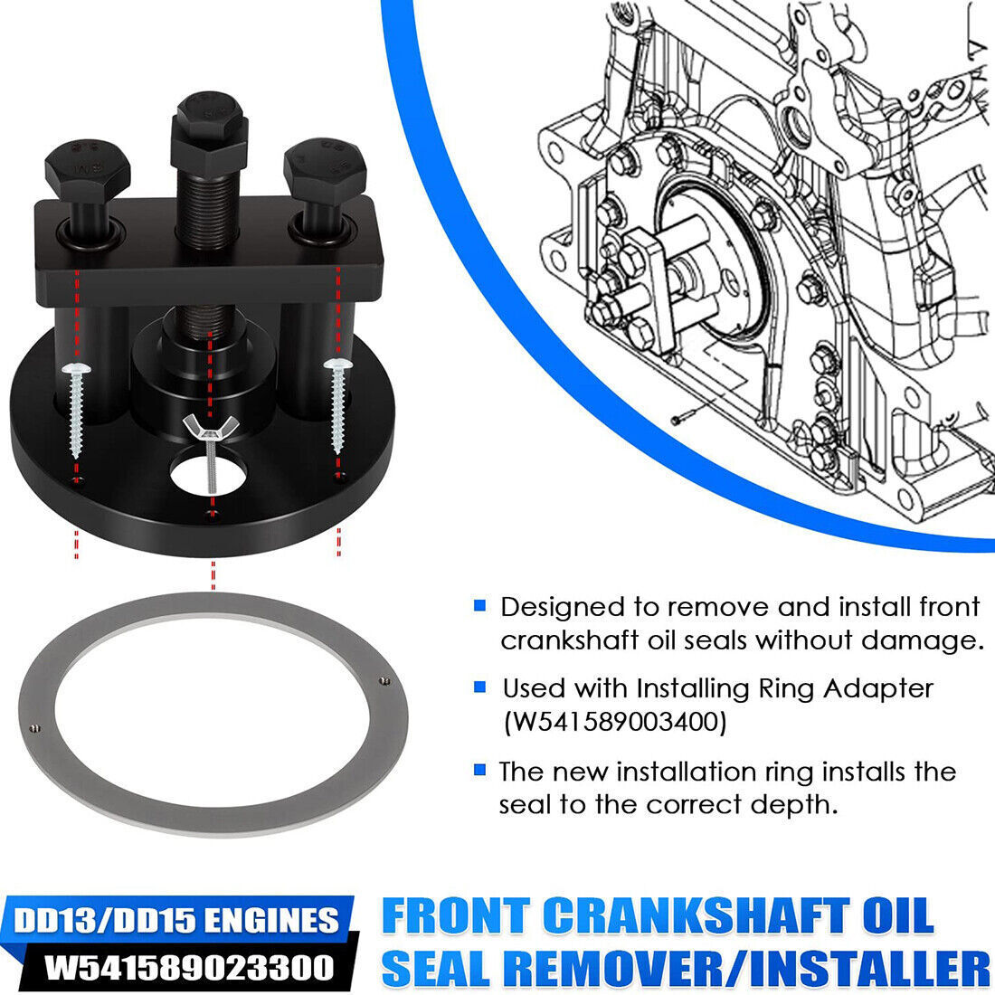 W541589023300 for Detroit DD13 DD15 Front Crankshaft Seal Remover Installer Tool