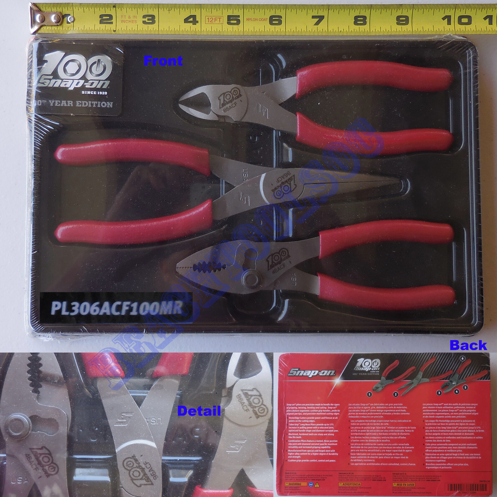 New 100th Snap On 6″ Maroon Red Soft Grip Handle Pliers 3 Pcs Set PL306ACF100MR