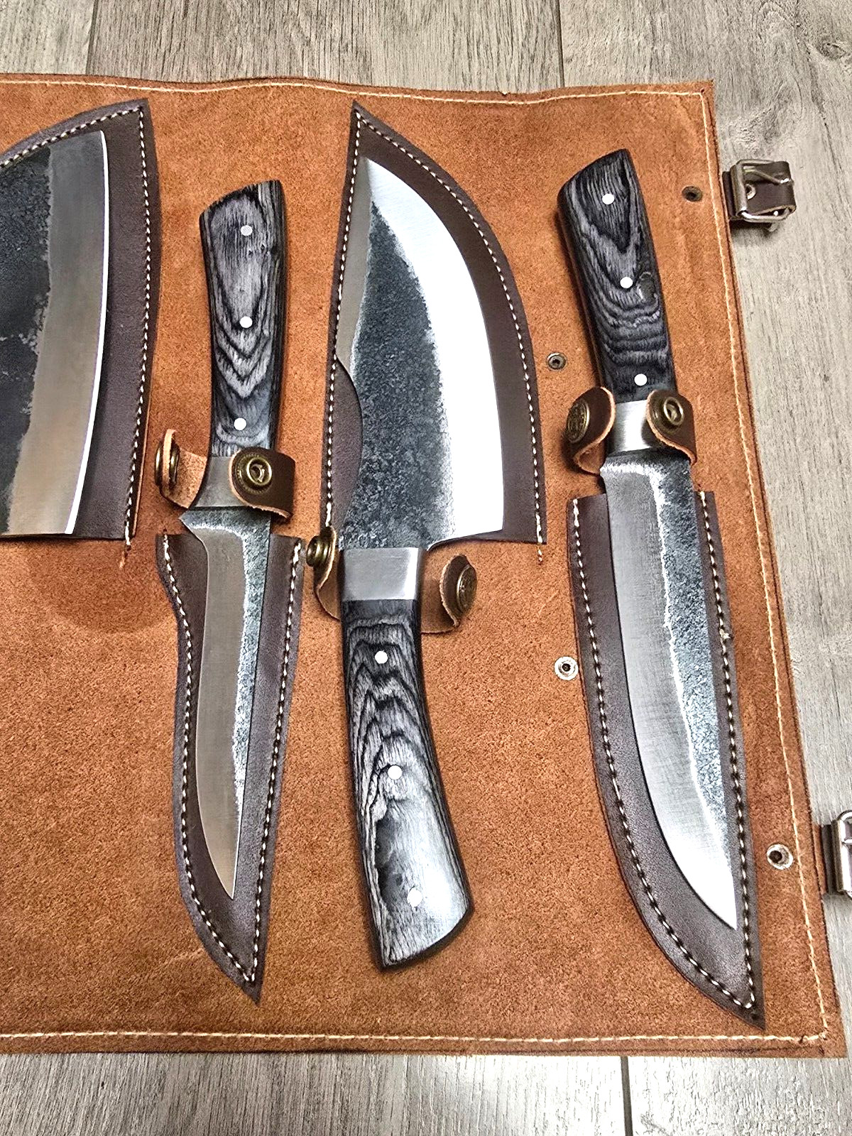 6pc Custom Hand Forged Kitchen Knife Set w/Full Tang Blades & Leather Roll Pouch