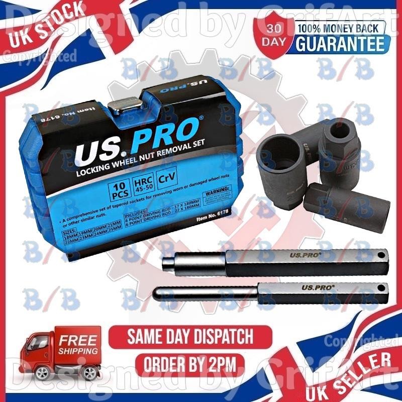 USPRO 10PC LOCKING WHEEL NUT REMOVAL SET SOCKET REMOVER KIT WORN DAMAGED 18-25MM