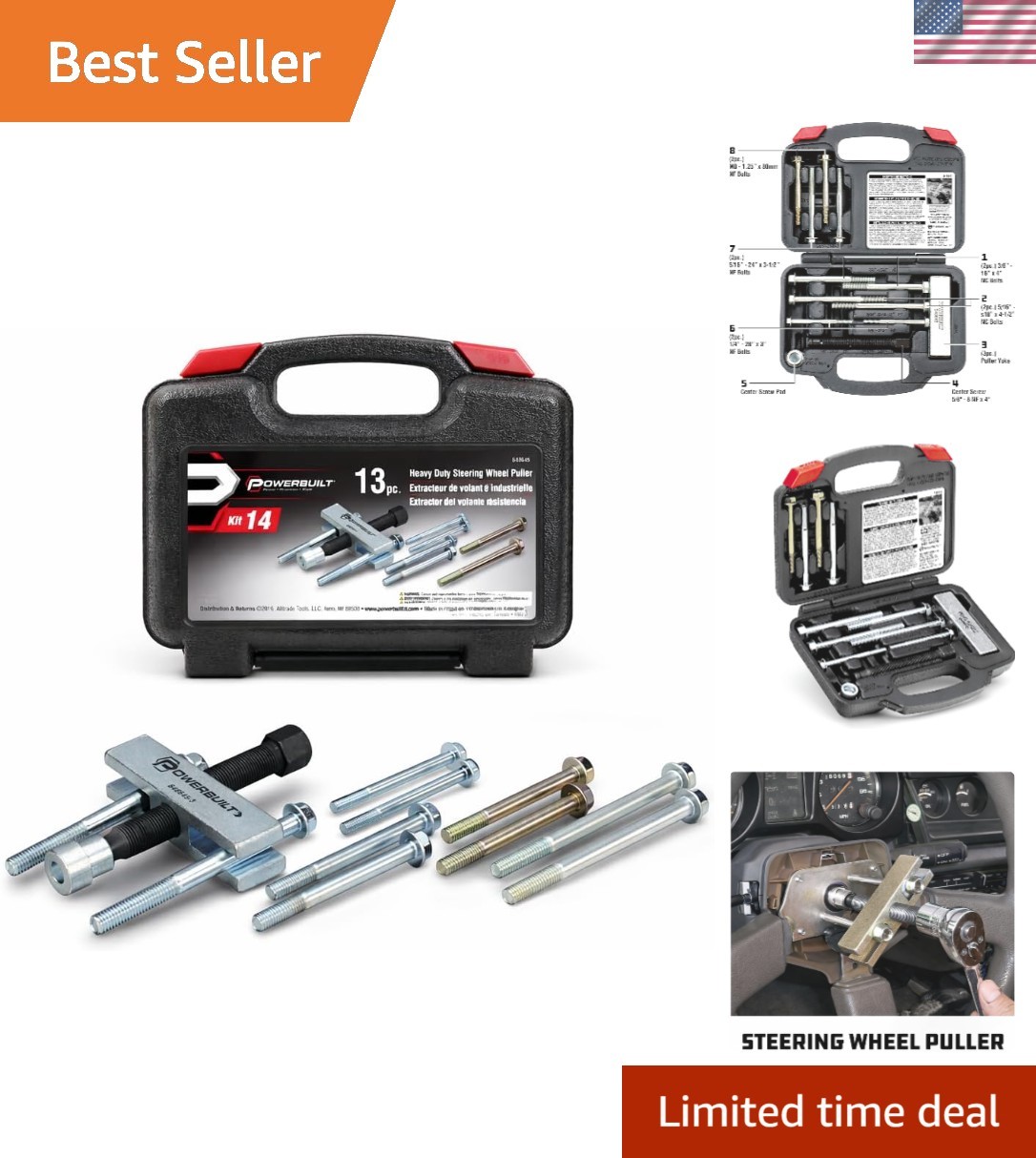 14-Piece Heavy Duty Steering Wheel Puller Set with Frustration-Free Storage Case