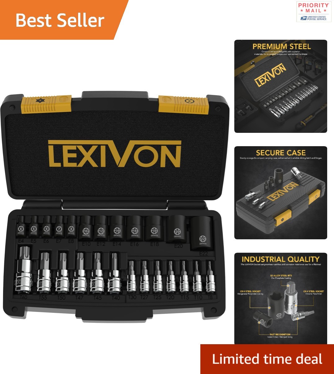 25-Piece Torx Socket Set S2 Alloy Cr-V Steel Heavy-Duty Case Automotive