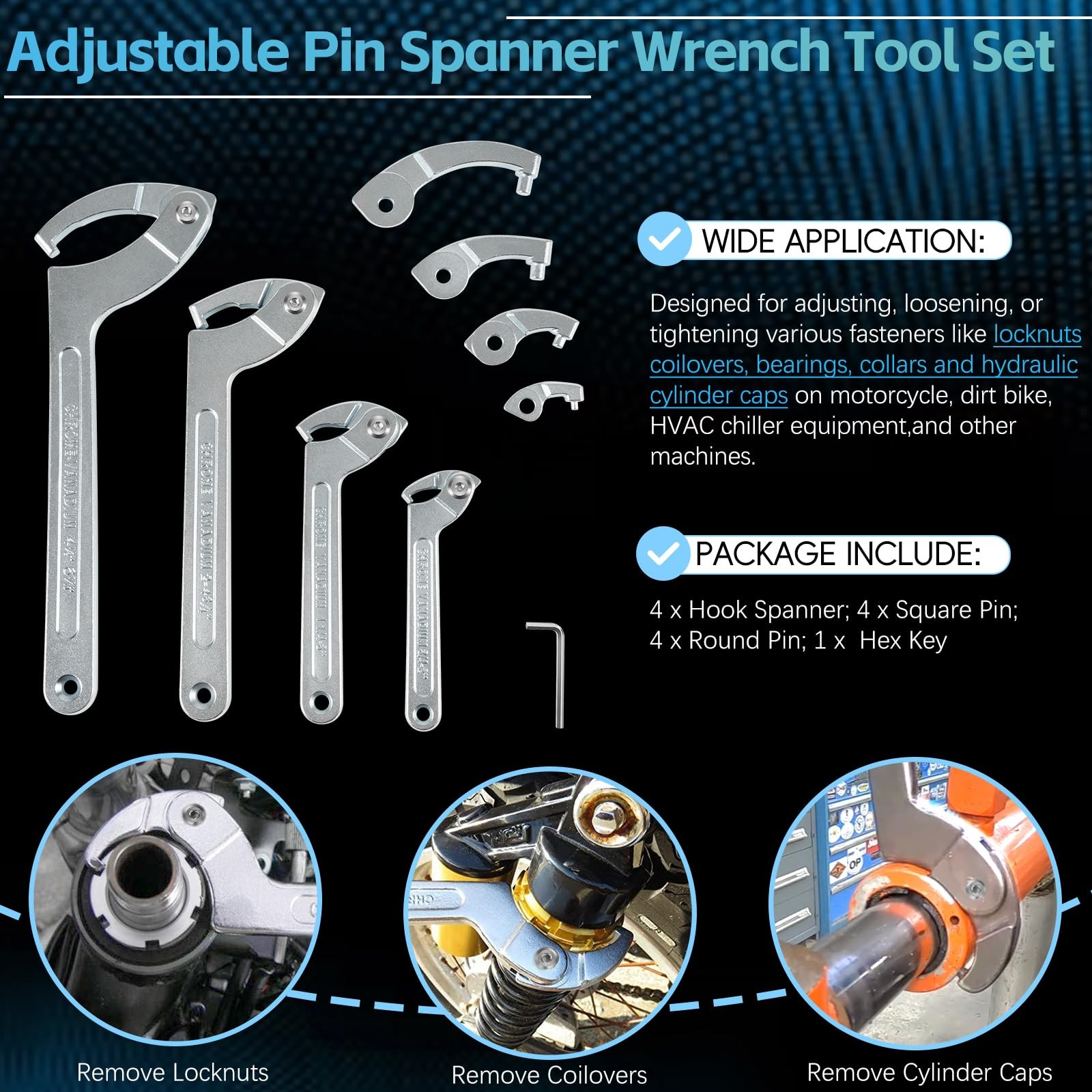 8 Pack Adjustable Hook C Pin Spanner Wrench Tool Set Nut Wrench 3/4″ to 6-1/10″