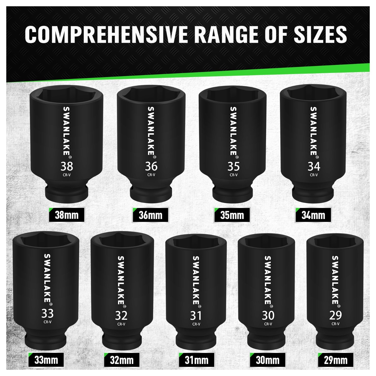 9-Piece Deep Metric Impact Axle Nut Socket Set 29mm-38mm, High Torque Cr-V Socke