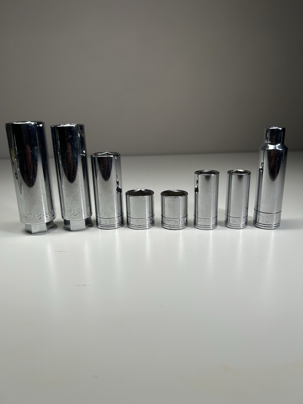 S-K USA Socket Lot 8pc 3/8 & 1/2 Drive Deep Standard 10-19mm 13/16 7/8