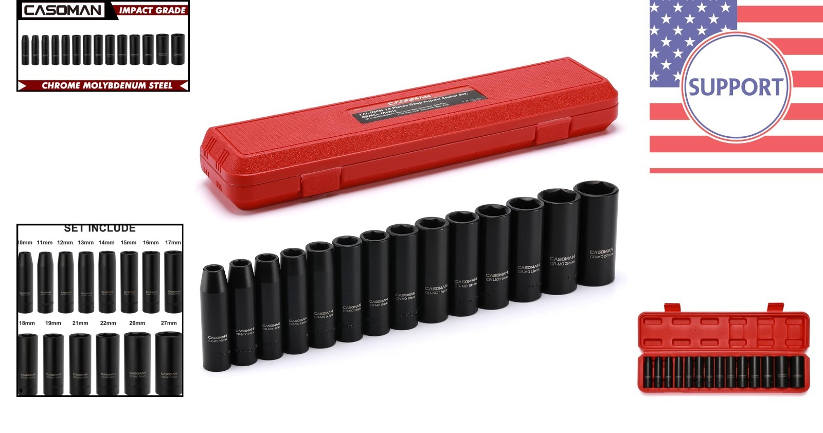Complete 14-Piece Deep Impact Socket Set with Easy-Read Markings & Storage Case
