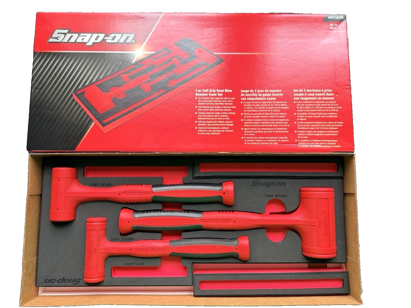 New Snap-on™ HBFE302FR 24 20 48 oz Red Flat Faced Dead Blow Hammer Foam Set