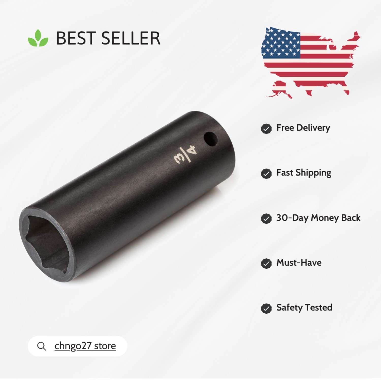 1/2 Inch Drive 3/4 Inch Deep 6-Point Impact Socket – Durable Alloy Steel Finish