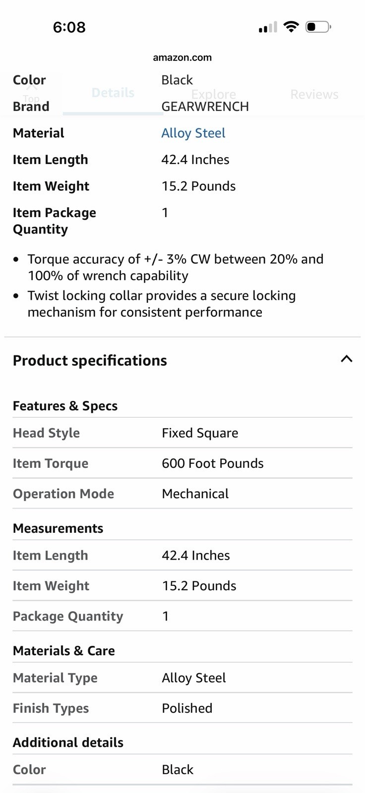 Gearwrench 85065M Micrometer Adjustable Torque Wrench, 3/4″ D, 100-600 ftlb 36 T