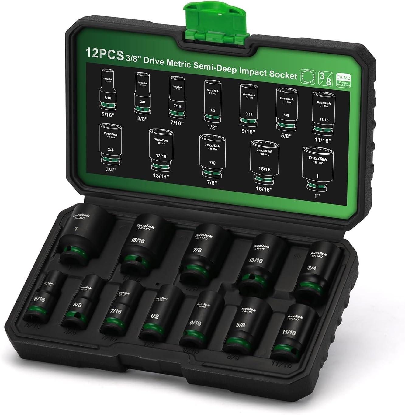 3/8 inch Drive 12-Piece Semi-Deep Impact Socket Set SAE 5/16 to 1 inch Chrome…